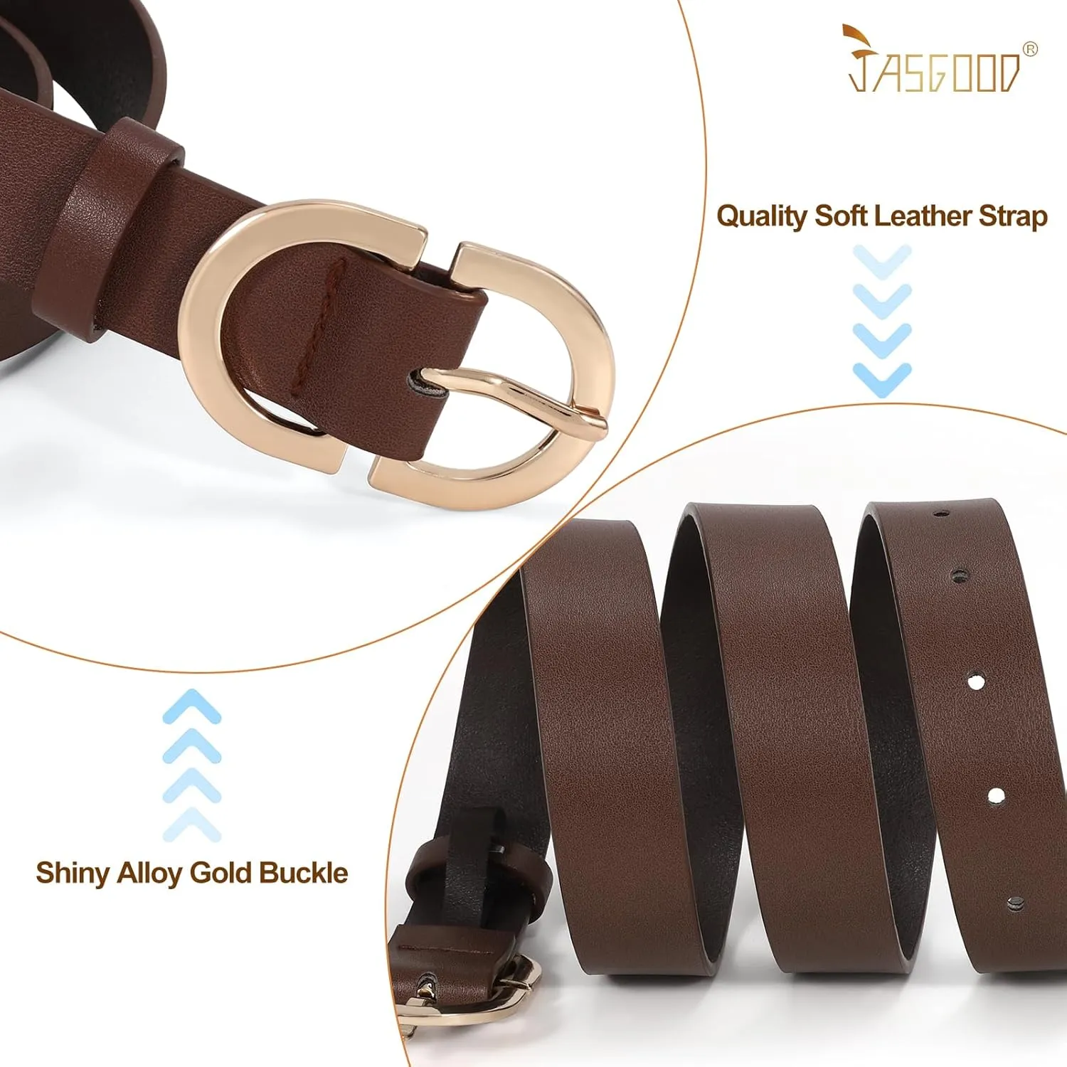 JASGOOD 3 Pack Women Faux Leather Belts for Jeans Pants Fashion Dresses Ladies Belt with Gold Buckle