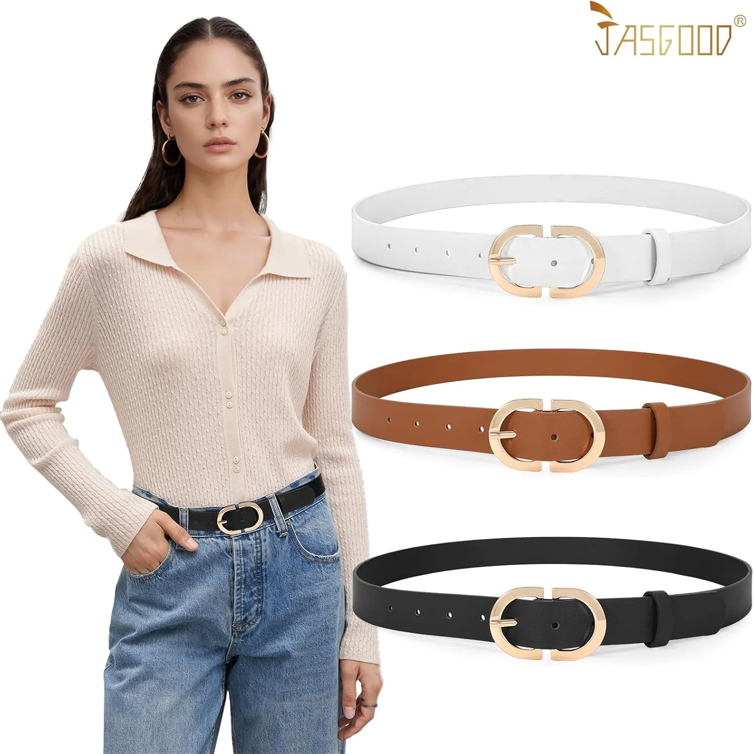 JASGOOD 3 Pack Women Faux Leather Belts for Jeans Pants Fashion Dresses Ladies Belt with Gold Buckle
