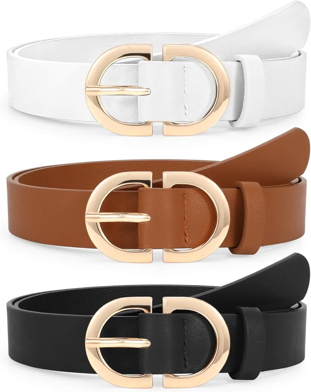 JASGOOD 3 Pack Women Faux Leather Belts for Jeans Pants Fashion Dresses Ladies Belt with Gold Buckle