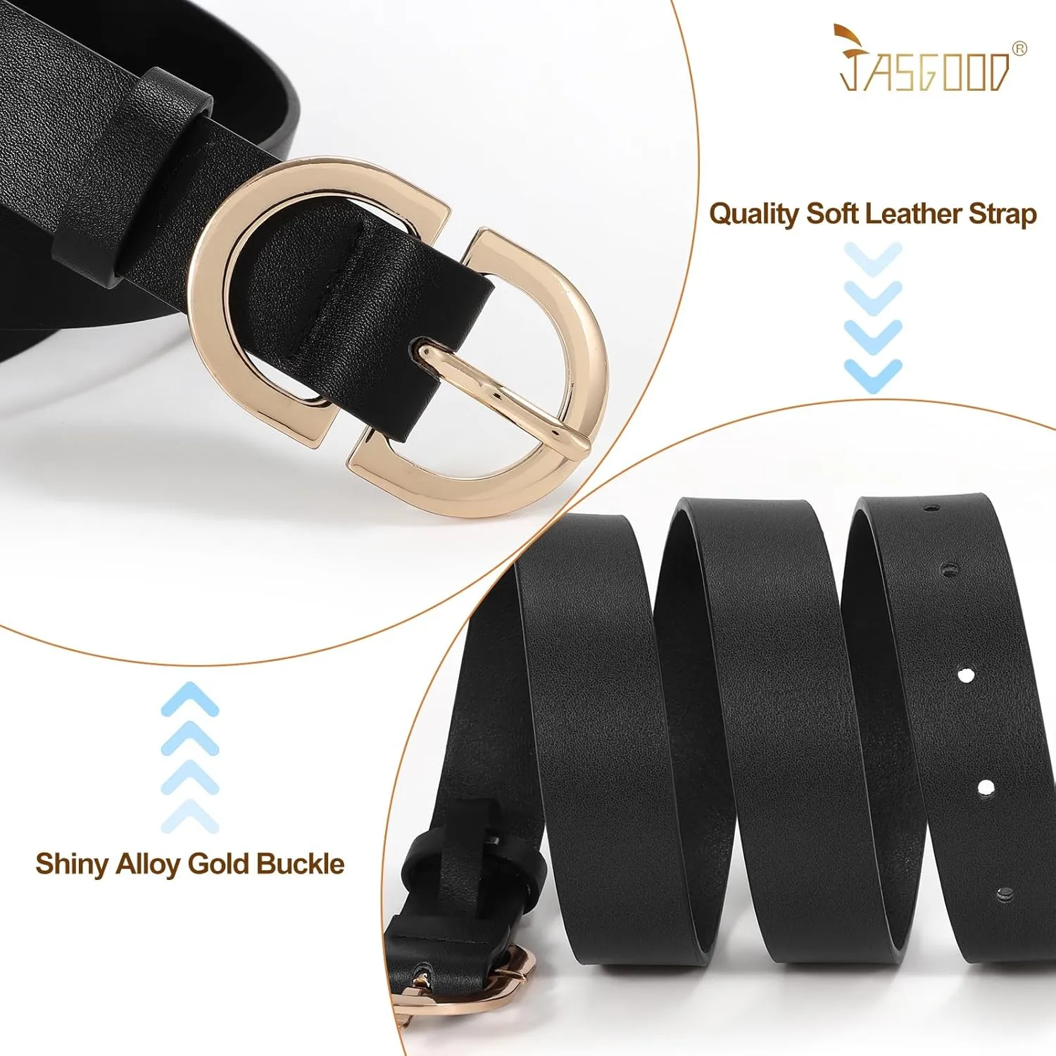 JASGOOD 3 Pack Women Faux Leather Belts for Jeans Pants Fashion Dresses Ladies Belt with Gold Buckle