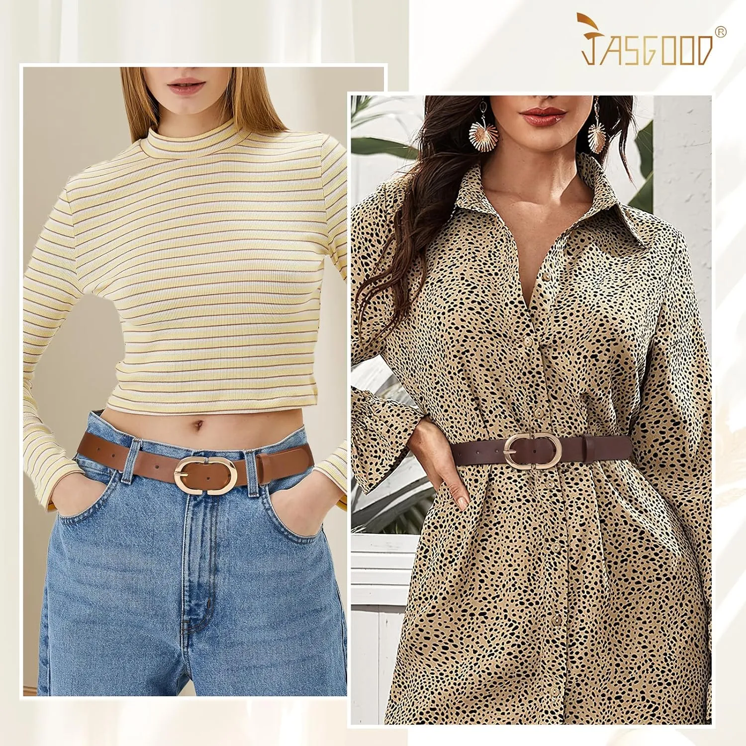 JASGOOD 3 Pack Women Faux Leather Belts for Jeans Pants Fashion Dresses Ladies Belt with Gold Buckle