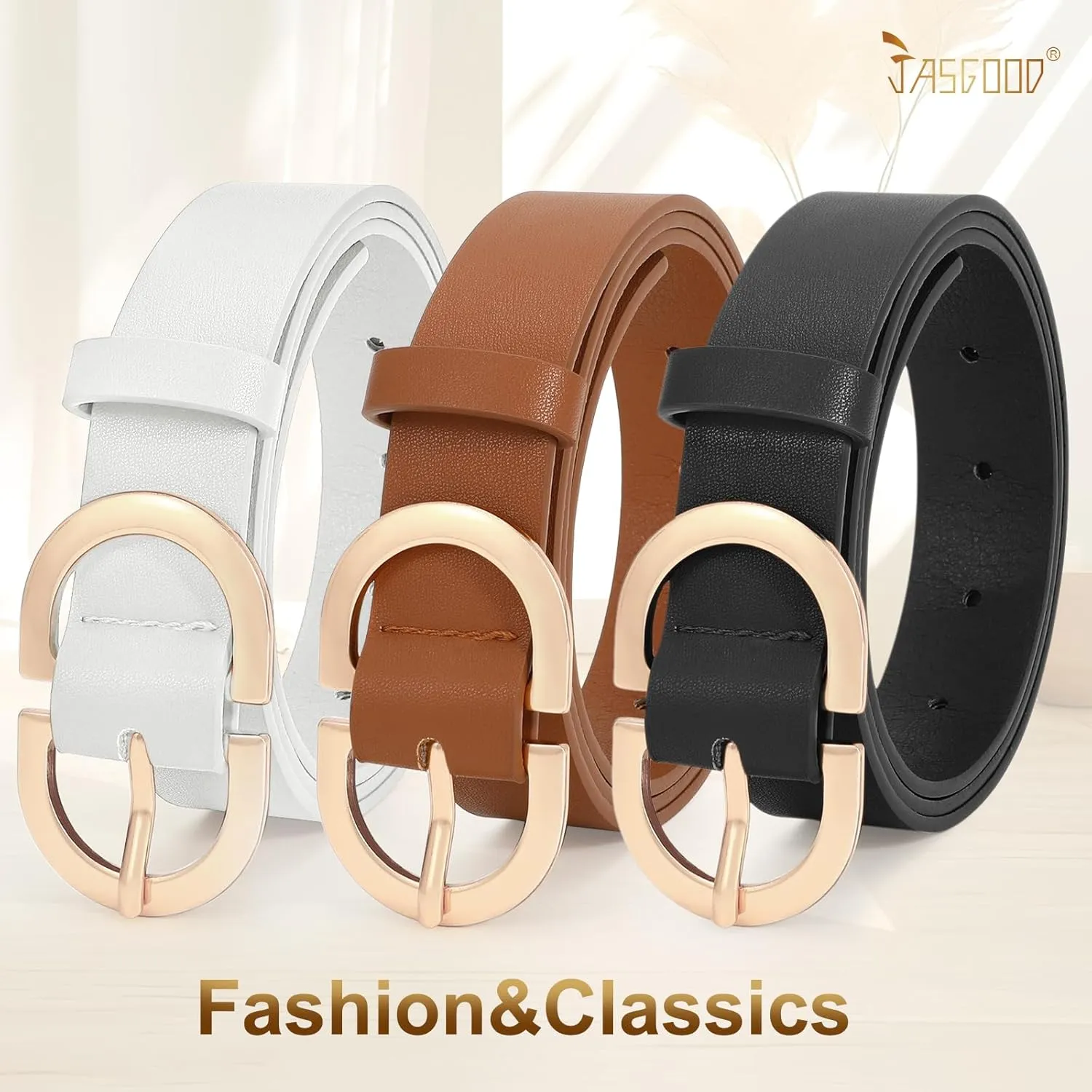 JASGOOD 3 Pack Women Faux Leather Belts for Jeans Pants Fashion Dresses Ladies Belt with Gold Buckle