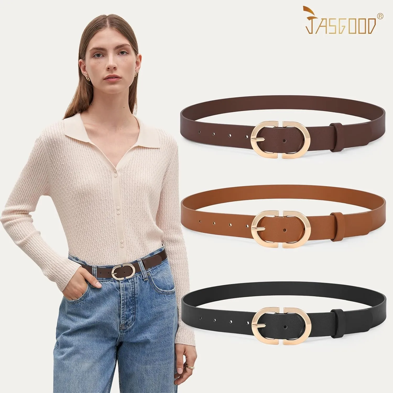 JASGOOD 3 Pack Women Faux Leather Belts for Jeans Pants Fashion Dresses Ladies Belt with Gold Buckle