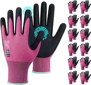 JDL Safety Work Gloves MicroFoam Nitrile Coated 12 Pairs, Seamless Knit Nylon Gloves with Touchscreen Fingers, Non-slip Working Gloves for Women Men, Ideal for Gardening, General Purpose, Pink, Small