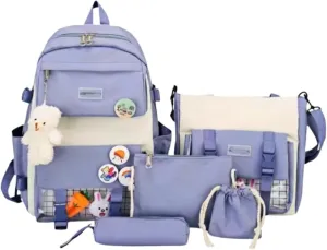 Kawaii 5-piece backpack set, cute school aesthetic schoolbag, youth supplies backpack set and accessories (Blue Schoolbag2, 16.5x 12.2x 5.5 inch)