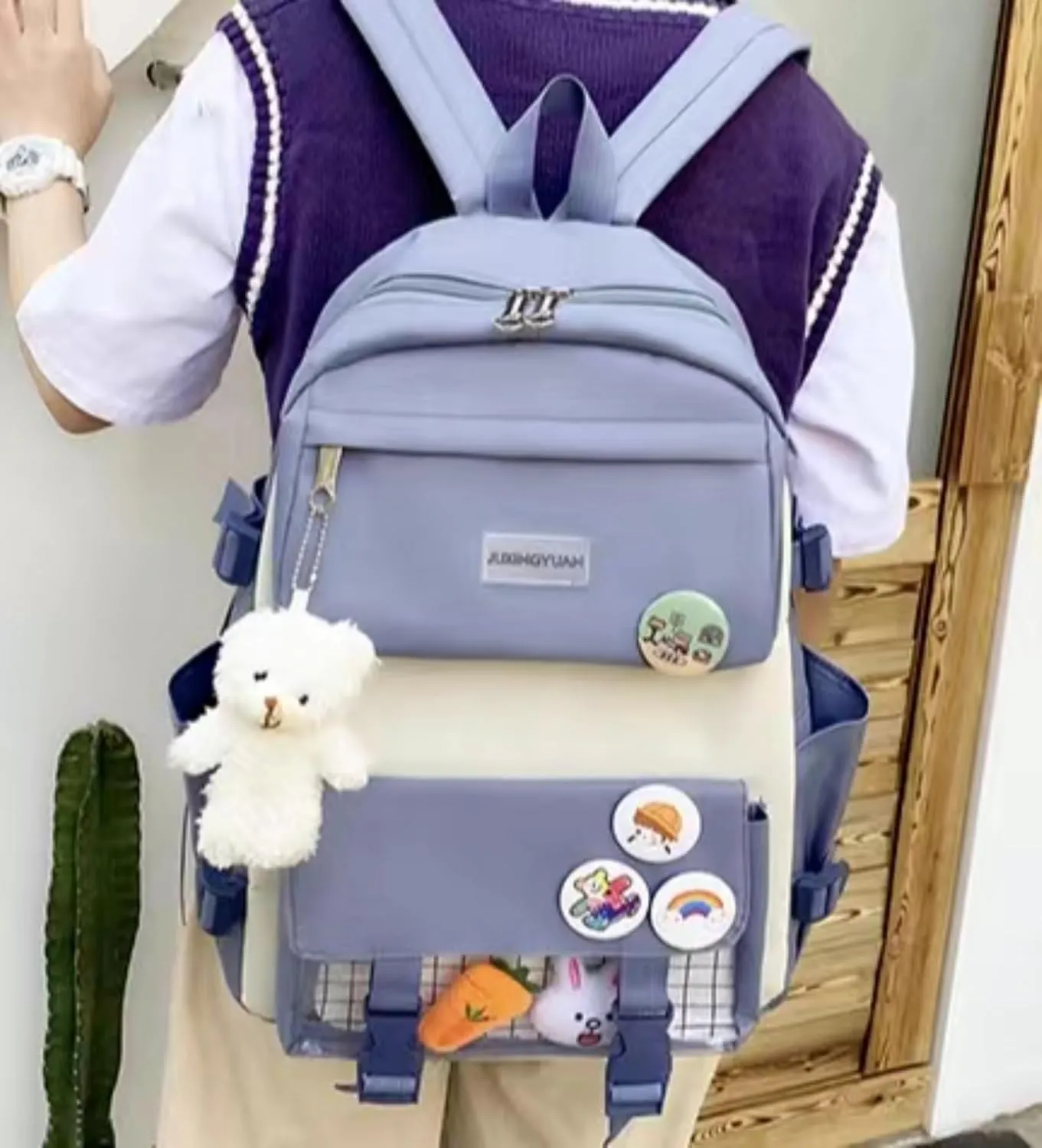 Kawaii 5-piece backpack set, cute school aesthetic schoolbag, youth supplies backpack set and accessories (Blue Schoolbag2, 16.5x 12.2x 5.5 inch)