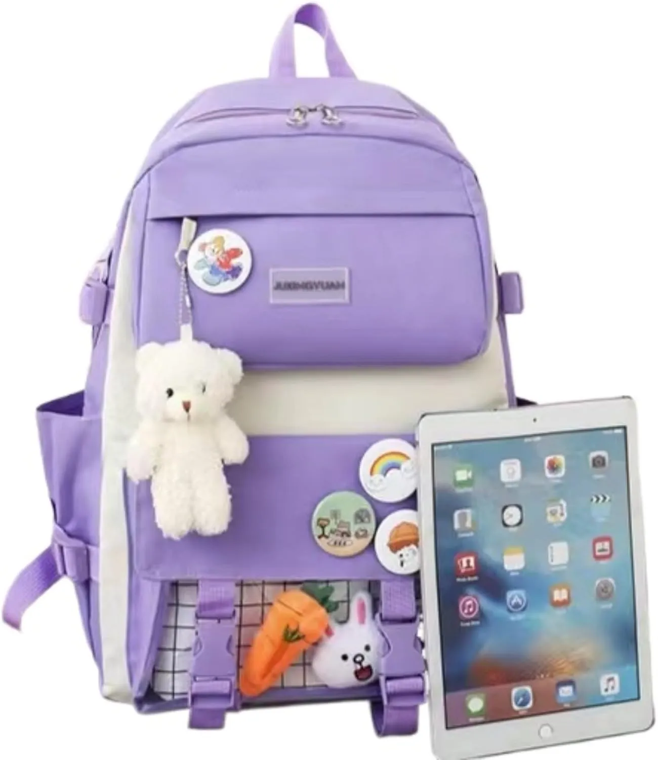 Kawaii 5-piece backpack set, cute school aesthetic schoolbag, youth supplies backpack set and accessories (Blue Schoolbag2, 16.5x 12.2x 5.5 inch)