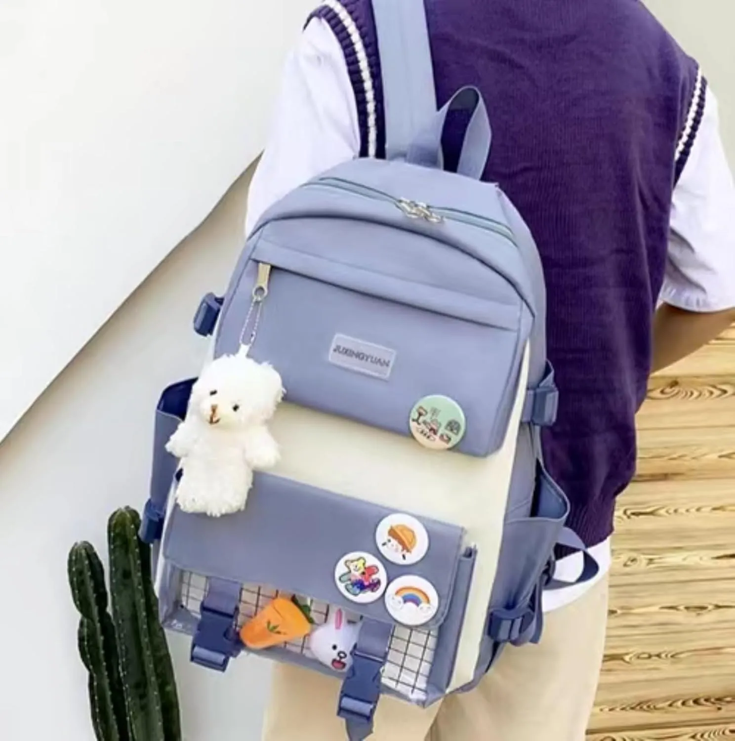 Kawaii 5-piece backpack set, cute school aesthetic schoolbag, youth supplies backpack set and accessories (Blue Schoolbag2, 16.5x 12.2x 5.5 inch)