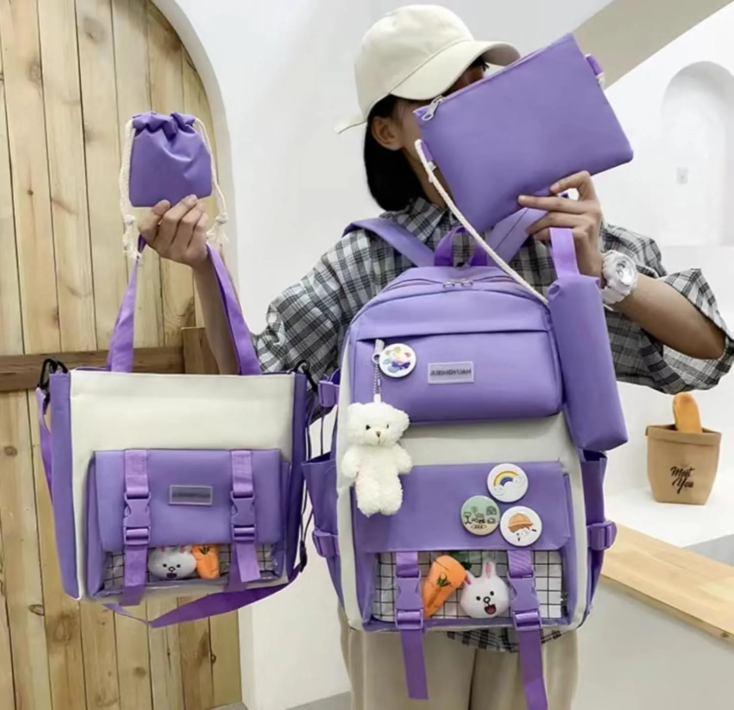 Kawaii 5-piece backpack set, cute school aesthetic schoolbag, youth supplies backpack set and accessories (Purple Schoolbag1, 16.5x 12.2x 5.5 inch)