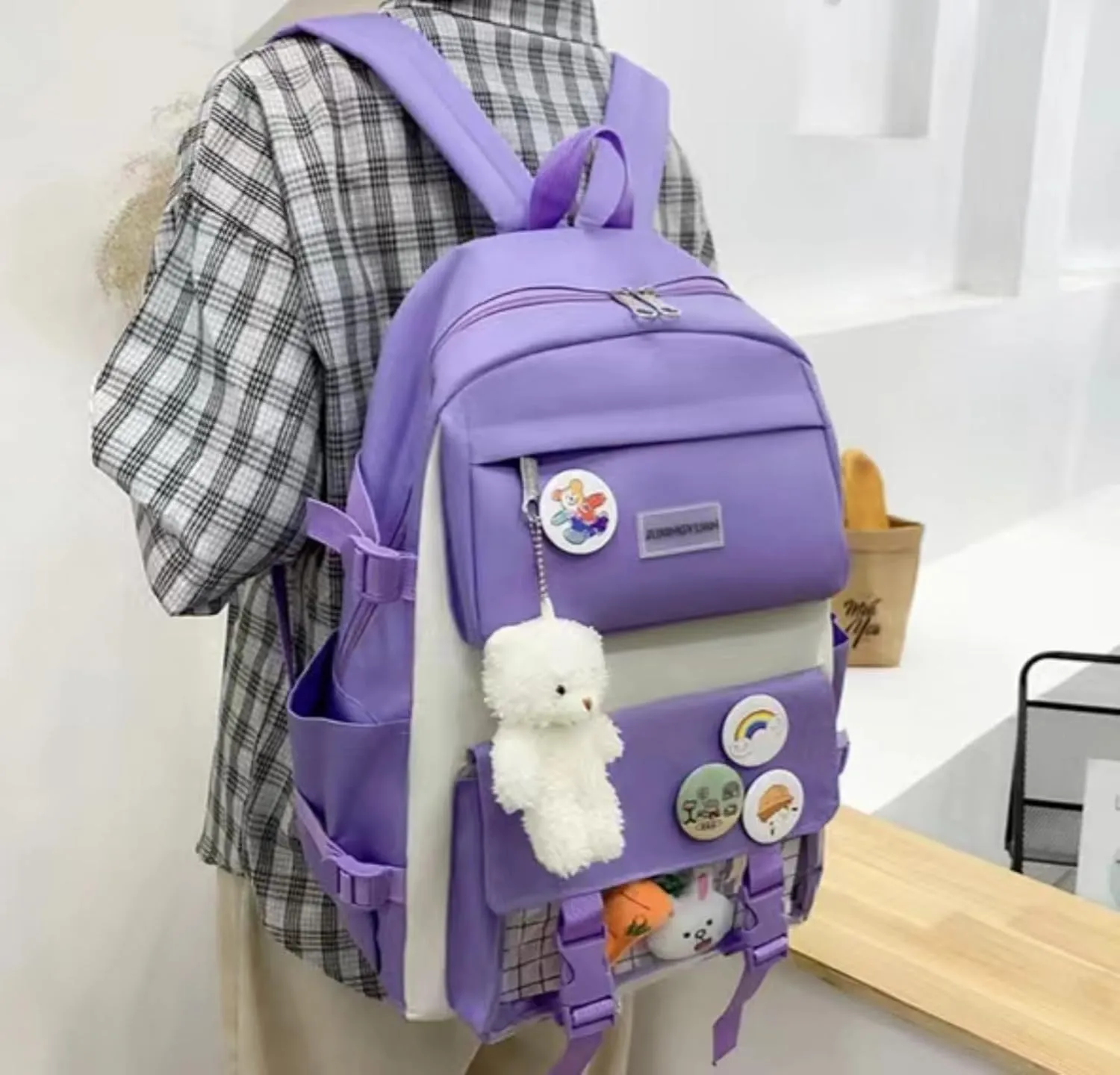 Kawaii 5-piece backpack set, cute school aesthetic schoolbag, youth supplies backpack set and accessories (Purple Schoolbag1, 16.5x 12.2x 5.5 inch)