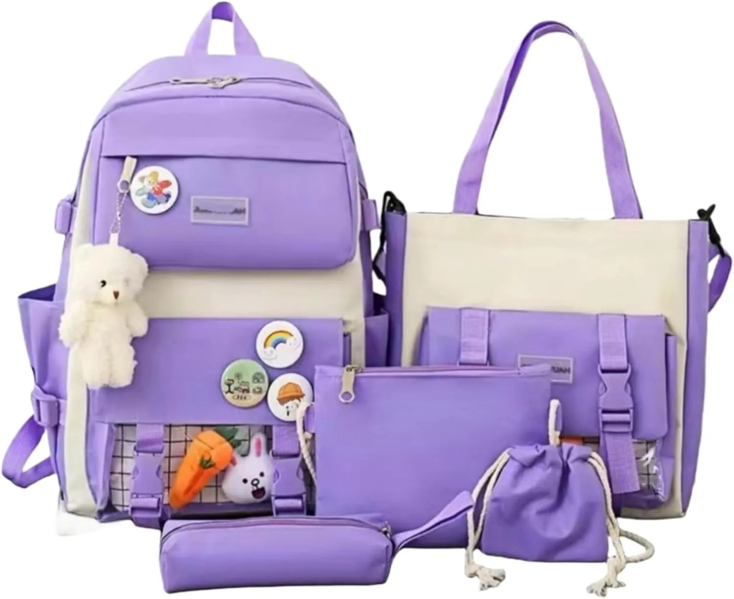 Kawaii 5-piece backpack set, cute school aesthetic schoolbag, youth supplies backpack set and accessories (Purple Schoolbag1, 16.5x 12.2x 5.5 inch)
