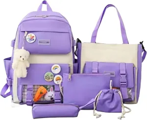 Kawaii 5-piece backpack set, cute school aesthetic schoolbag, youth supplies backpack set and accessories (Purple Schoolbag1, 16.5x 12.2x 5.5 inch)
