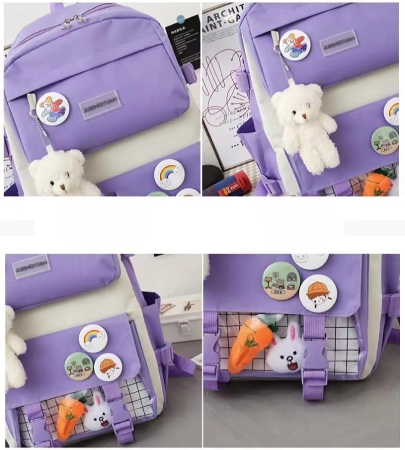 Kawaii 5-piece backpack set, cute school aesthetic schoolbag, youth supplies backpack set and accessories (Purple Schoolbag1, 16.5x 12.2x 5.5 inch)