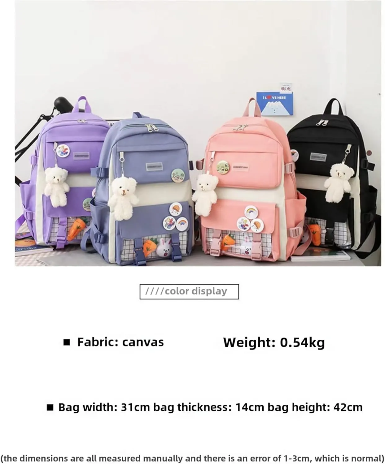 Kawaii 5-piece backpack set, cute school aesthetic schoolbag, youth supplies backpack set and accessories (Purple Schoolbag1, 16.5x 12.2x 5.5 inch)