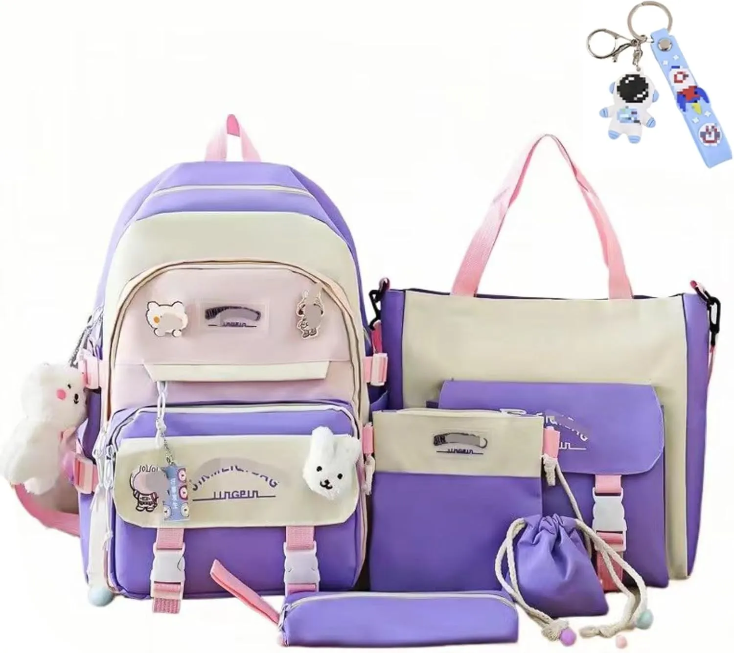 Kawaii 5-piece backpack set, cute school aesthetic schoolbag, youth supplies backpack set and accessories (Purple Schoolbag7, 16.92x12.2x6.29 inch)