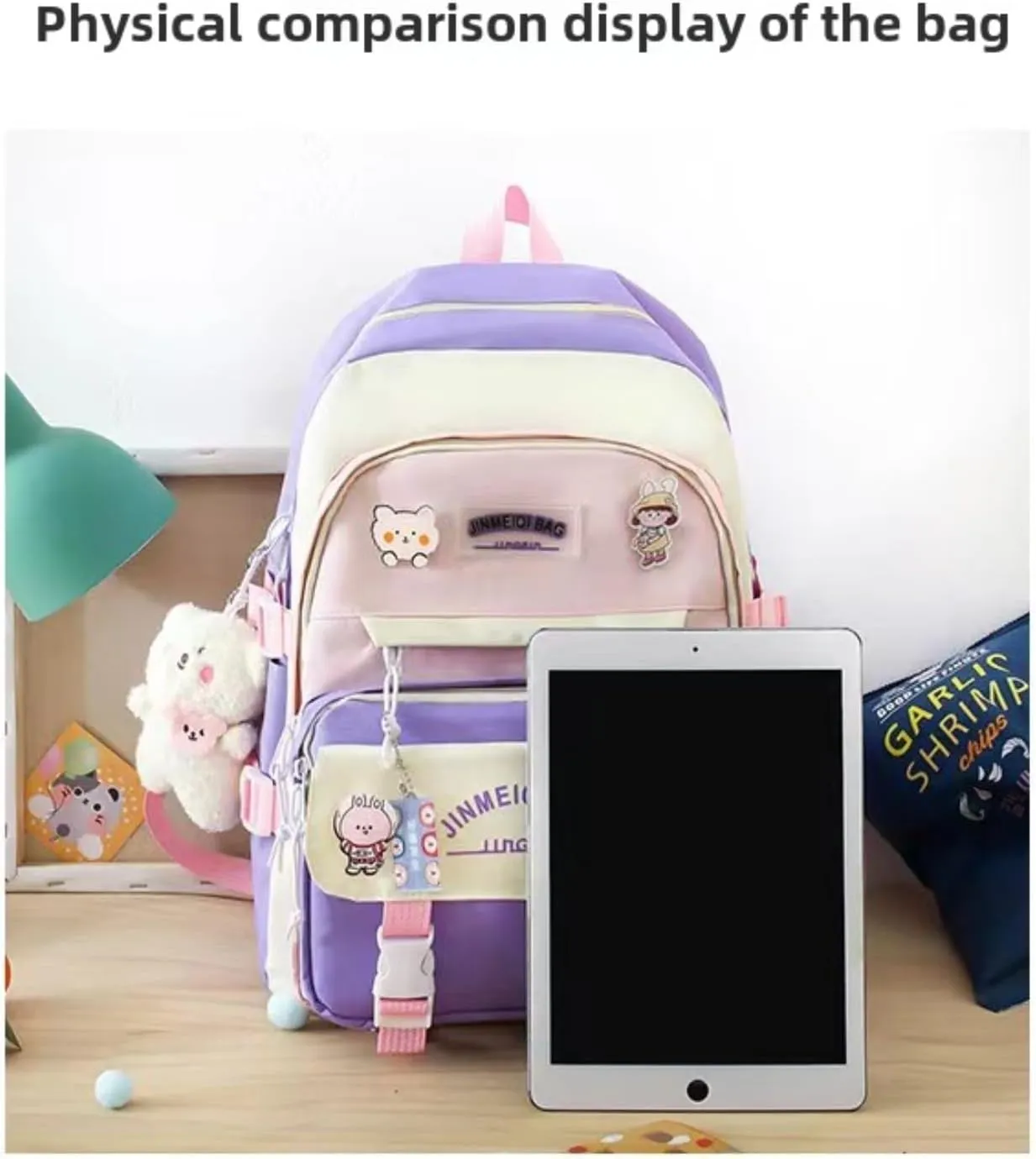 Kawaii 5-piece backpack set, cute school aesthetic schoolbag, youth supplies backpack set and accessories (Purple Schoolbag7, 16.92x12.2x6.29 inch)