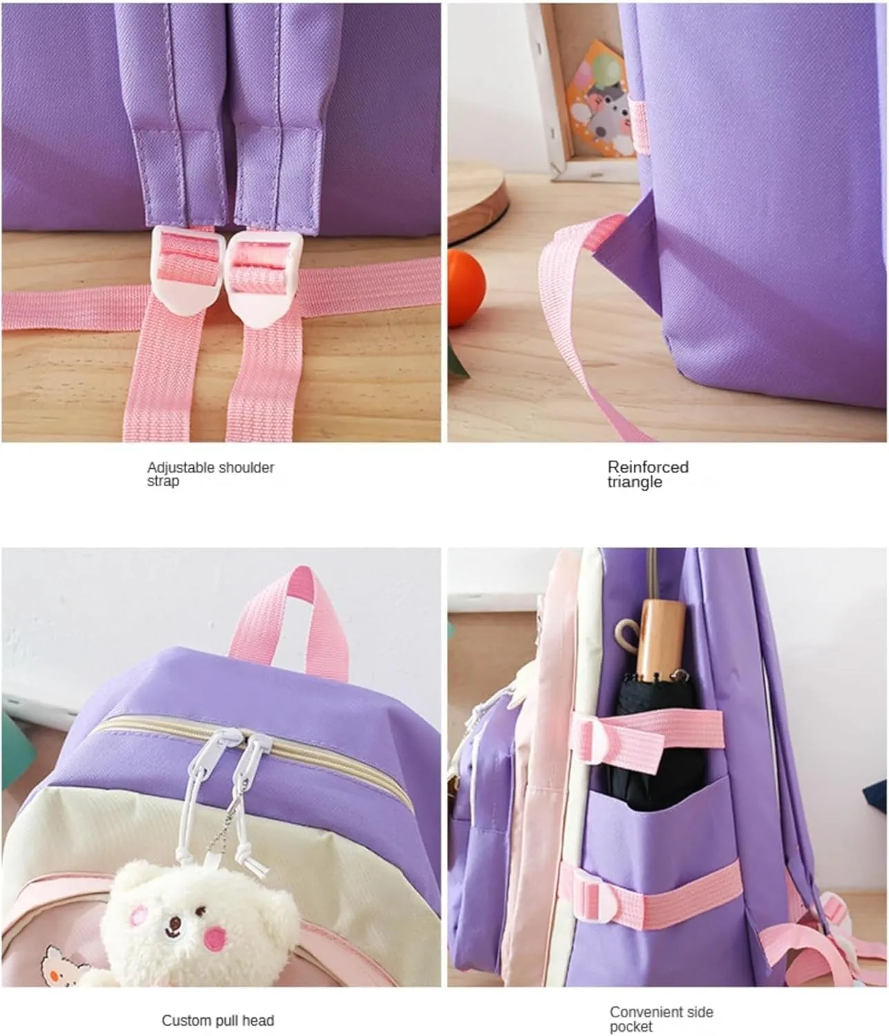 Kawaii 5-piece backpack set, cute school aesthetic schoolbag, youth supplies backpack set and accessories (Purple Schoolbag7, 16.92x12.2x6.29 inch)