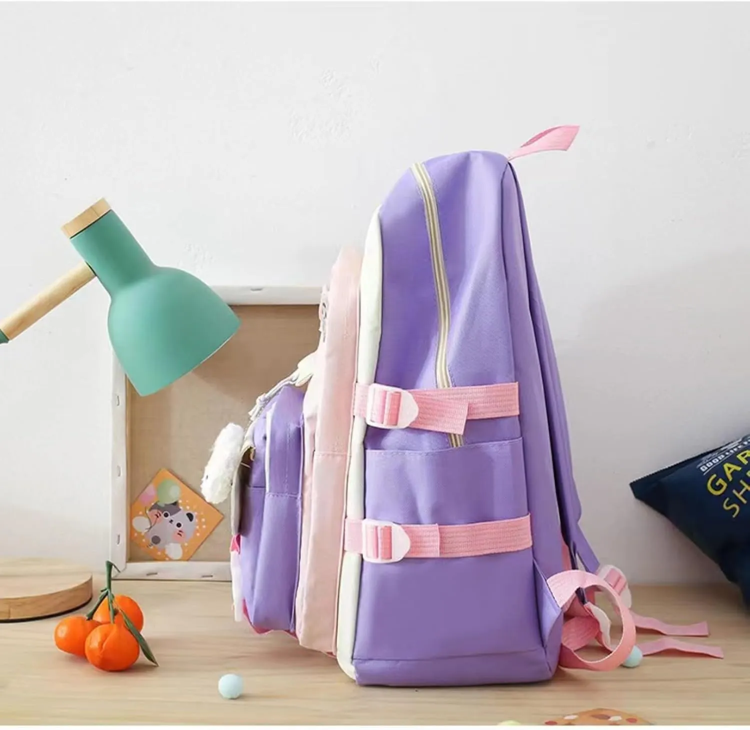 Kawaii 5-piece backpack set, cute school aesthetic schoolbag, youth supplies backpack set and accessories (Purple Schoolbag7, 16.92x12.2x6.29 inch)