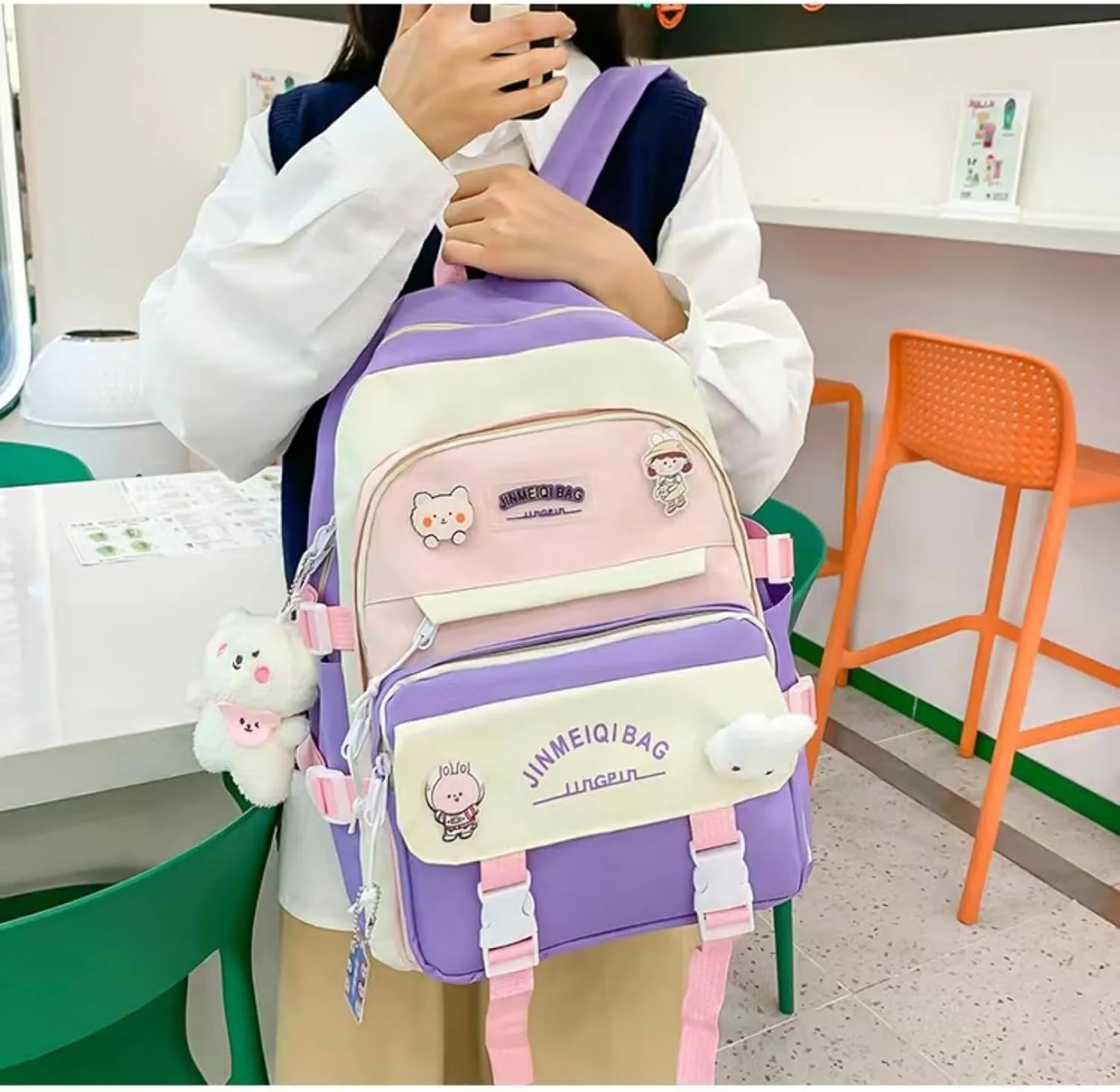 Kawaii 5-piece backpack set, cute school aesthetic schoolbag, youth supplies backpack set and accessories (Purple Schoolbag7, 16.92x12.2x6.29 inch)