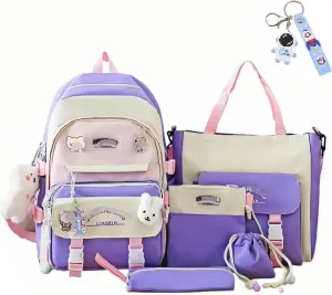 Kawaii 5-piece backpack set, cute school aesthetic schoolbag, youth supplies backpack set and accessories (Purple Schoolbag7, 16.92x12.2x6.29 inch)