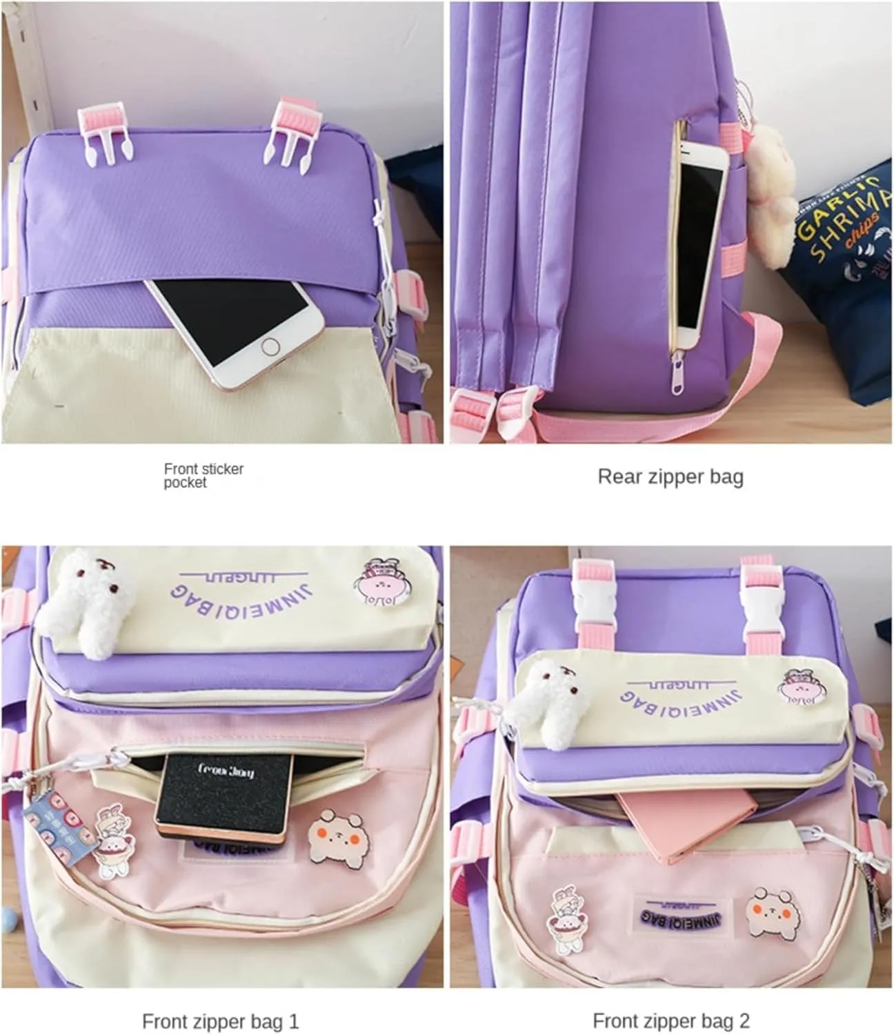 Kawaii 5-piece backpack set, cute school aesthetic schoolbag, youth supplies backpack set and accessories (Purple Schoolbag7, 16.92x12.2x6.29 inch)