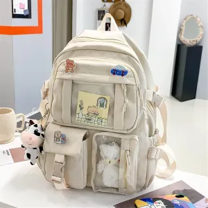 Kawaii Backpack with Cute Bear Plush Kawaii Pin Accessories Large Capacity Aesthetic School Bags Cute Bookbag for Girls Teen Beige