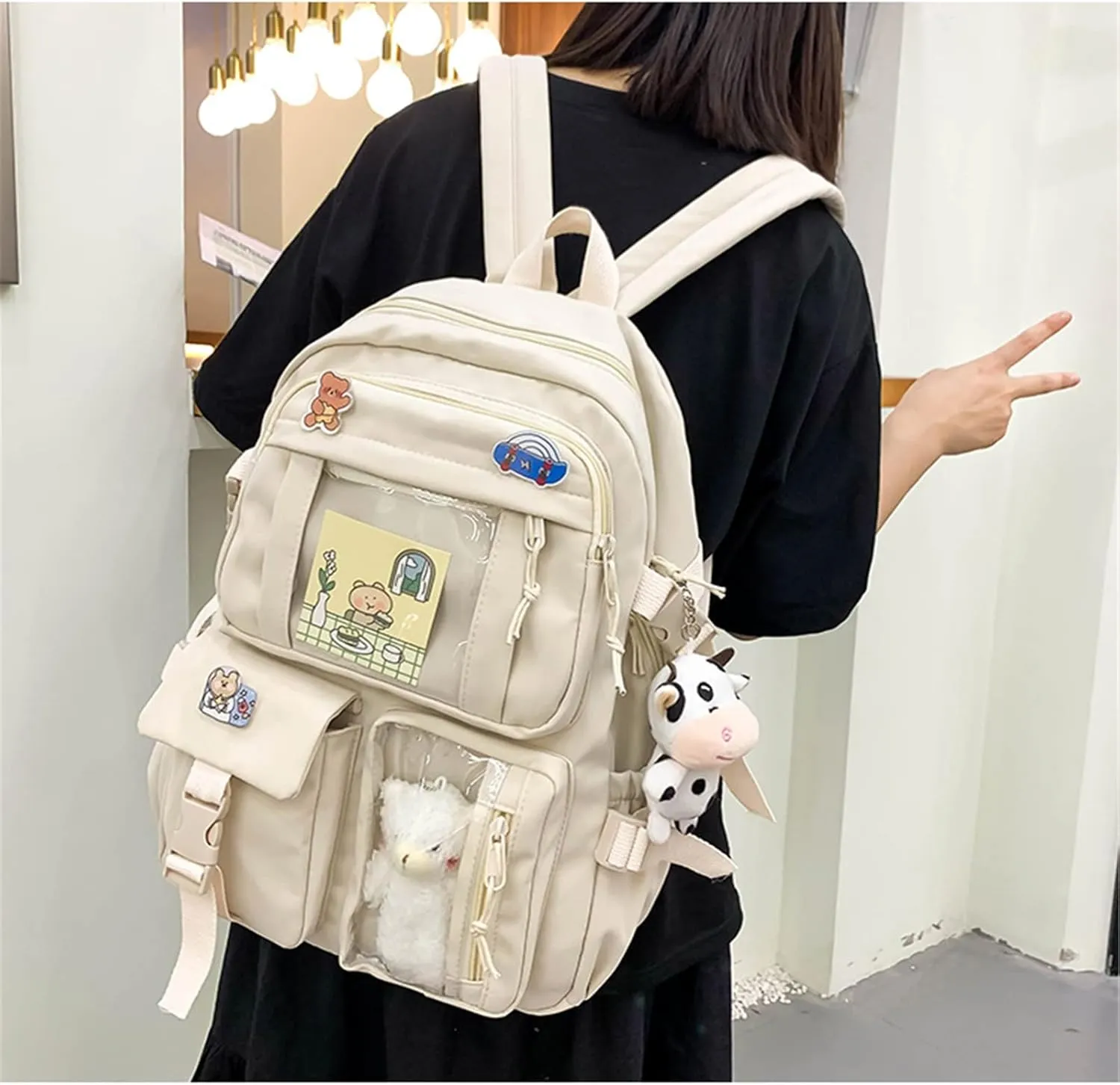Kawaii Backpack with Cute Bear Plush Kawaii Pin Accessories Large Capacity Aesthetic School Bags Cute Bookbag for Girls Teen Beige