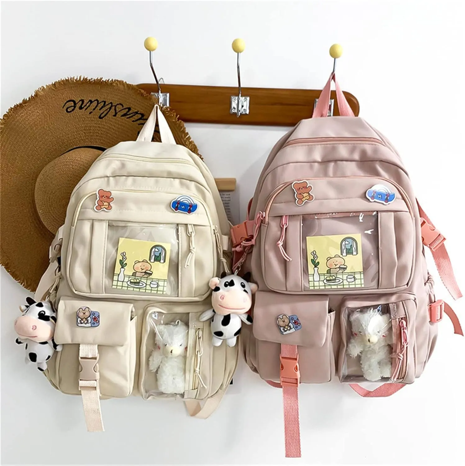 Kawaii Backpack with Cute Bear Plush Kawaii Pin Accessories Large Capacity Aesthetic School Bags Cute Bookbag for Girls Teen Beige
