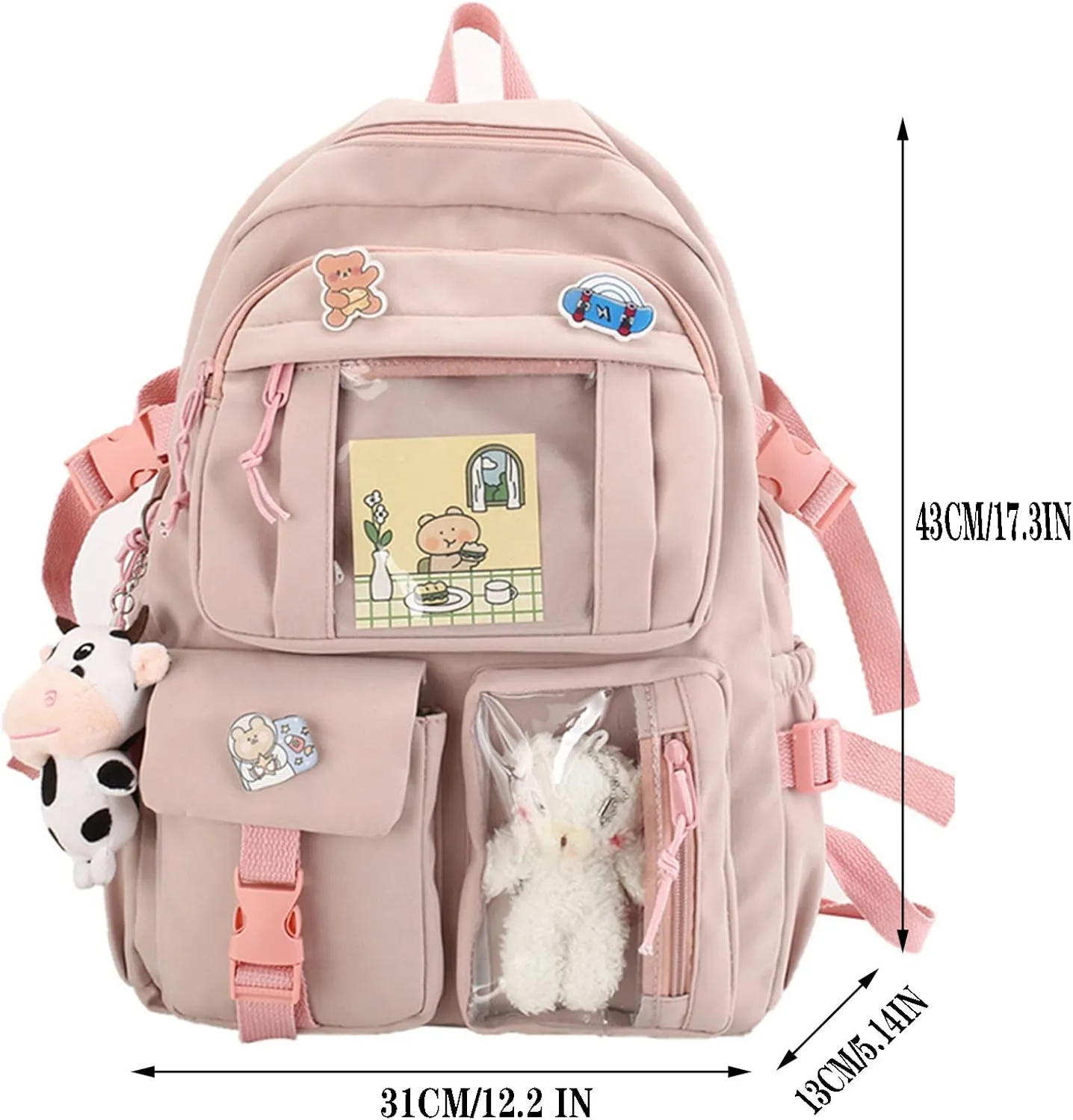 Kawaii Backpack with Cute Bear Plush Kawaii Pin Accessories Large Capacity Aesthetic School Bags Cute Bookbag for Girls Teen Beige