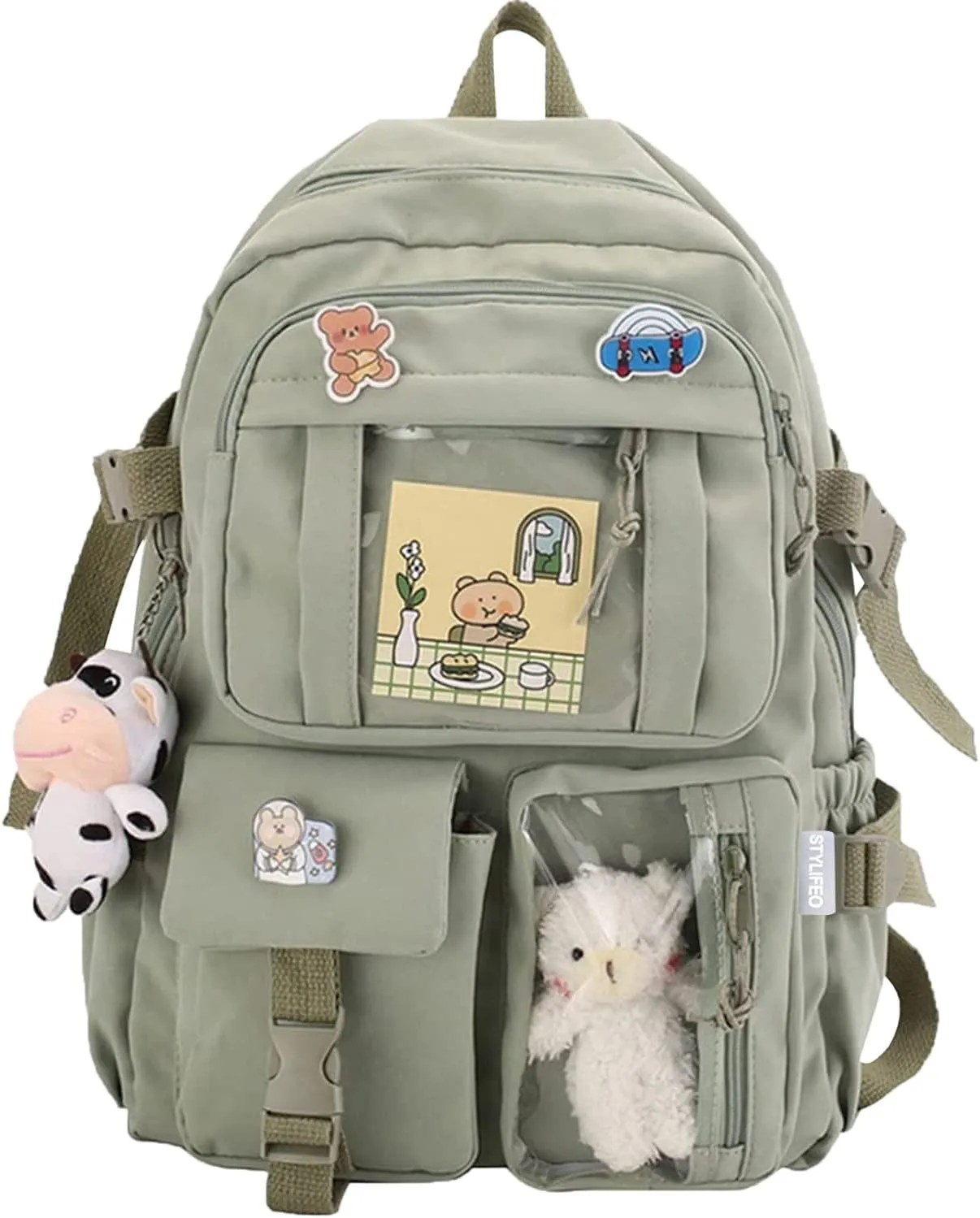 Kawaii Backpack with Cute Bear Plush Kawaii Pin Accessories Large Capacity Aesthetic School Bags Cute Bookbag for Girls Teen Green