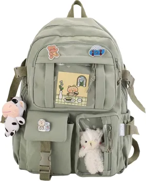 Kawaii Backpack with Cute Bear Plush Kawaii Pin Accessories Large Capacity Aesthetic School Bags Cute Bookbag for Girls Teen Green