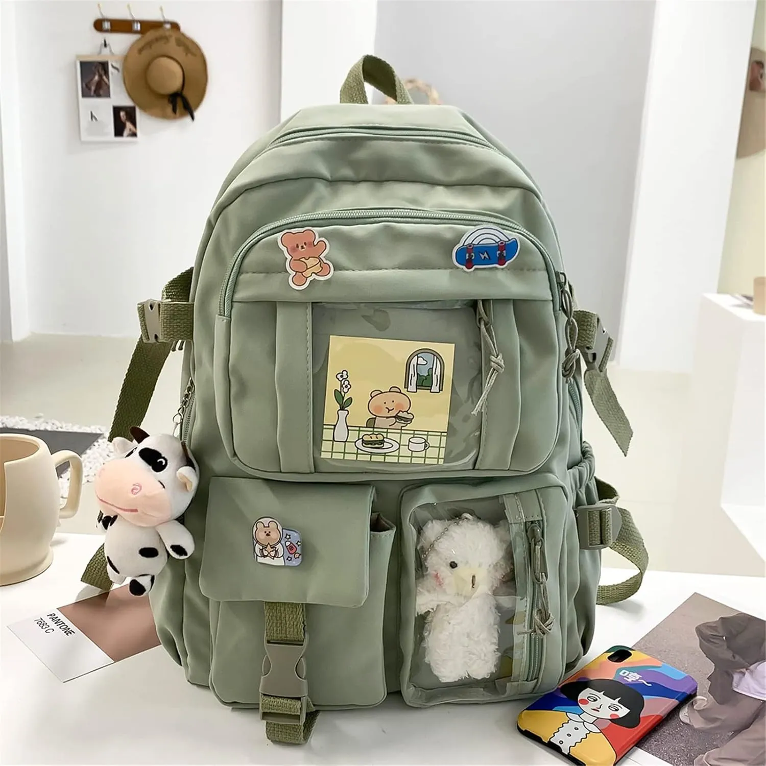 Kawaii Backpack with Cute Bear Plush Kawaii Pin Accessories Large Capacity Aesthetic School Bags Cute Bookbag for Girls Teen Green
