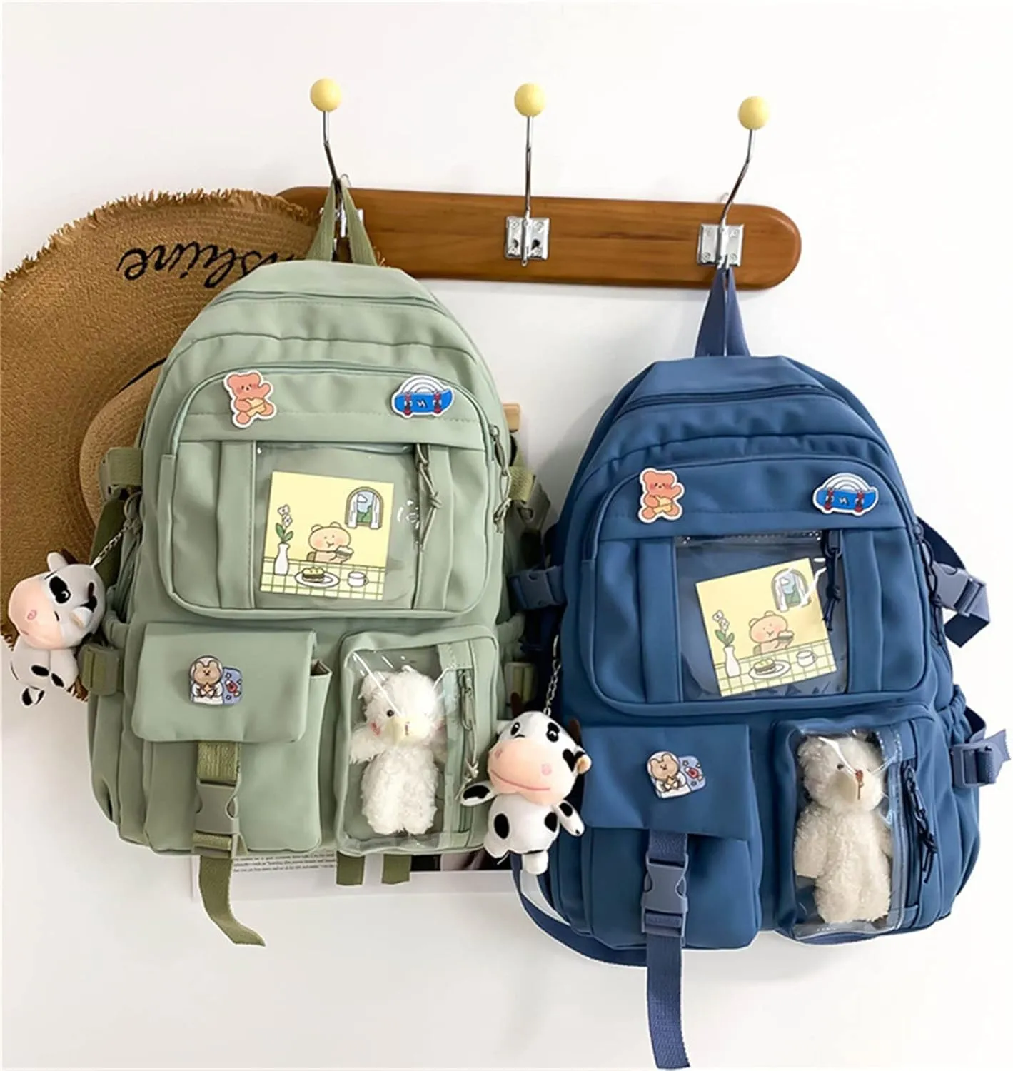 Kawaii Backpack with Cute Bear Plush Kawaii Pin Accessories Large Capacity Aesthetic School Bags Cute Bookbag for Girls Teen Green