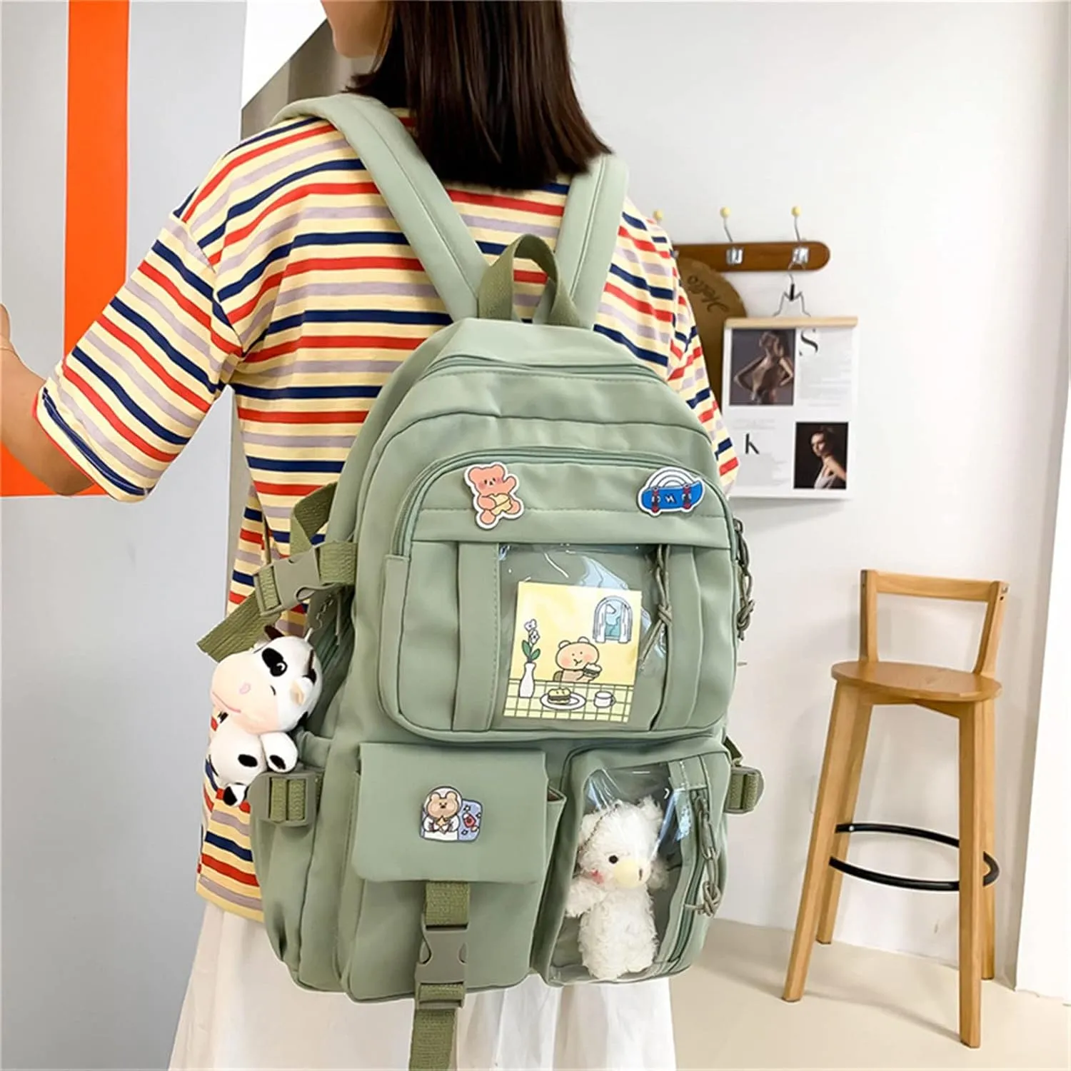 Kawaii Backpack with Cute Bear Plush Kawaii Pin Accessories Large Capacity Aesthetic School Bags Cute Bookbag for Girls Teen Green