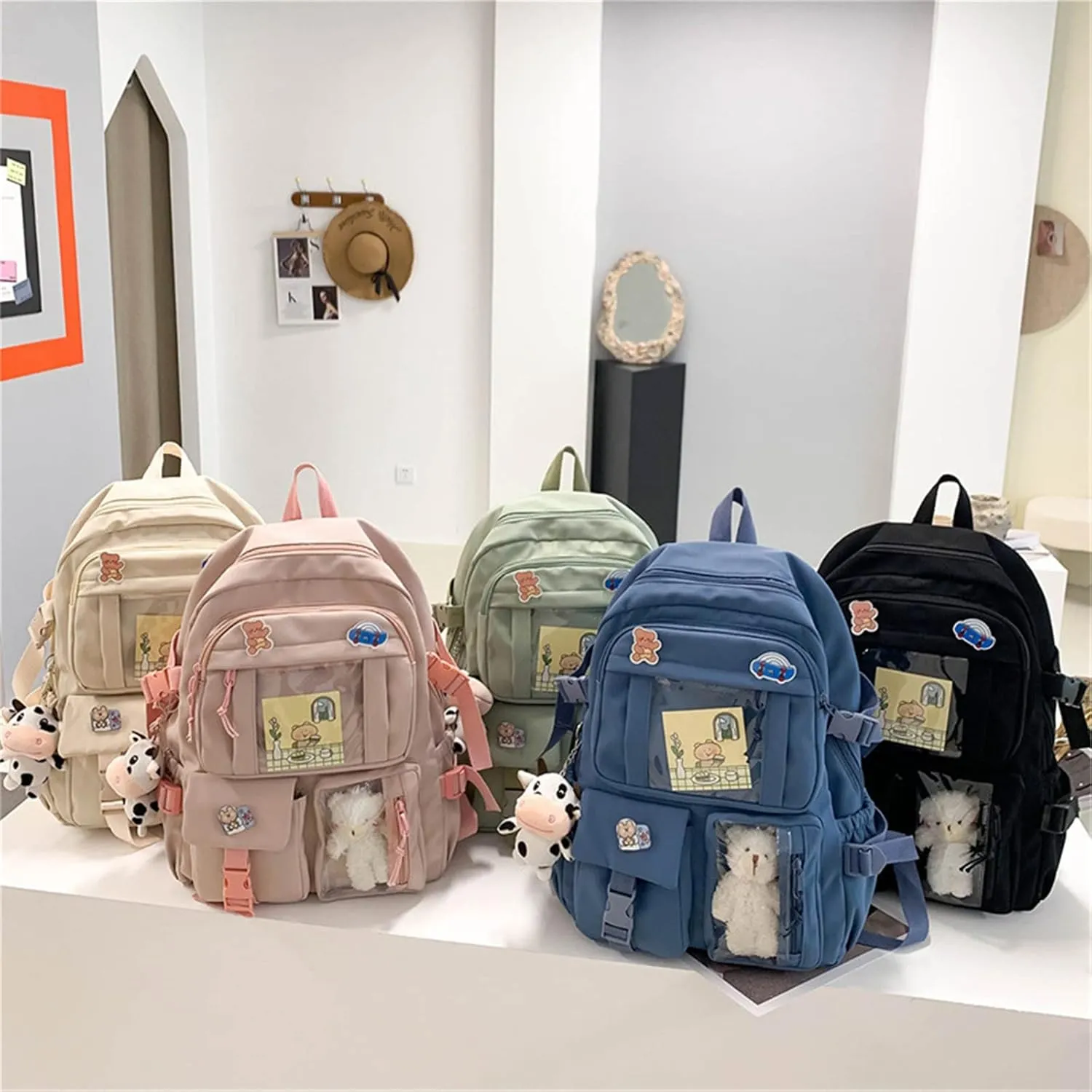 Kawaii Backpack with Cute Bear Plush Kawaii Pin Accessories Large Capacity Aesthetic School Bags Cute Bookbag for Girls Teen Pink