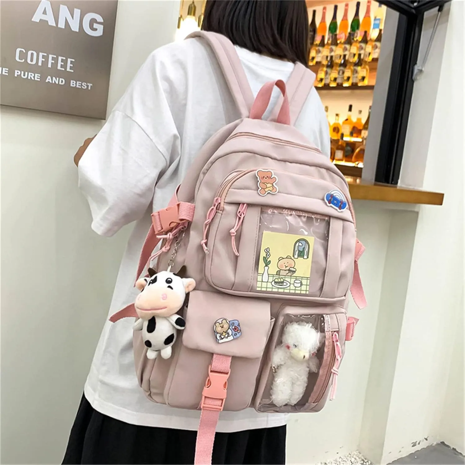 Kawaii Backpack with Cute Bear Plush Kawaii Pin Accessories Large Capacity Aesthetic School Bags Cute Bookbag for Girls Teen Pink