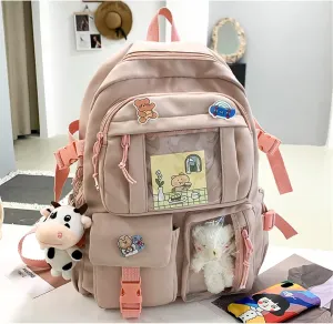 Kawaii Backpack with Cute Bear Plush Kawaii Pin Accessories Large Capacity Aesthetic School Bags Cute Bookbag for Girls Teen Pink