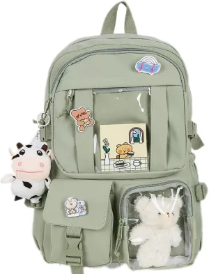 Kawaii Backpack with Cute Bear Plush Kawaii Pin Accessories Large Capacity Aesthetic School Bags Cute Bookbag for Girls Teen(Simple, Army Green)