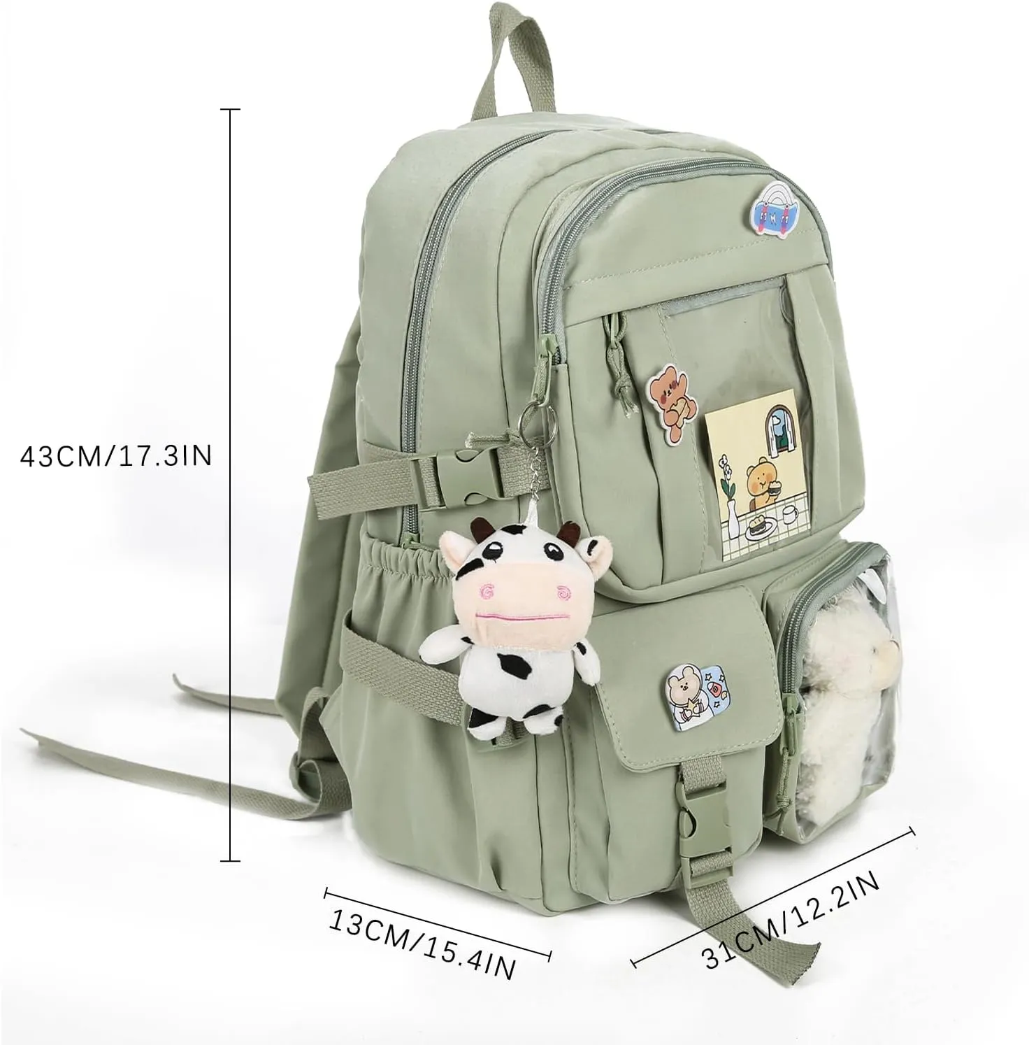 Kawaii Backpack with Cute Bear Plush Kawaii Pin Accessories Large Capacity Aesthetic School Bags Cute Bookbag for Girls Teen(Simple, Army Green)