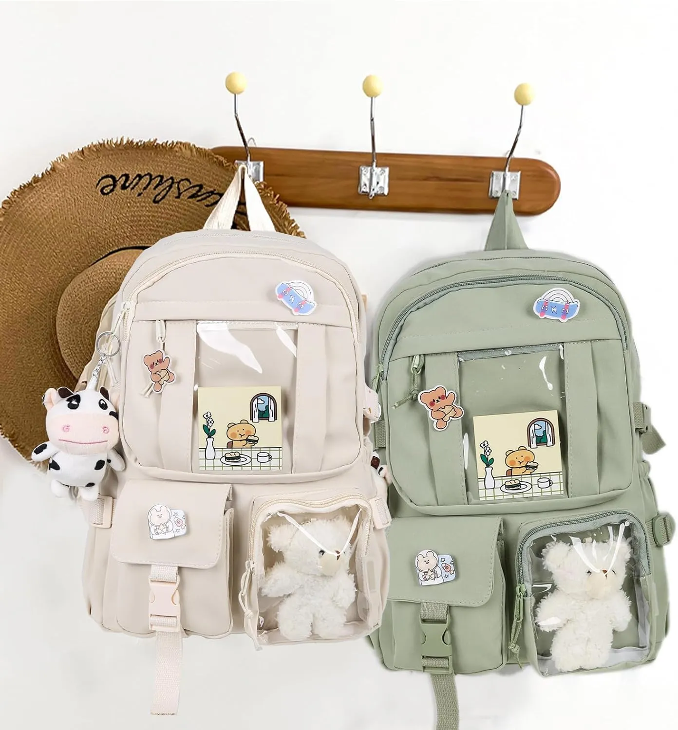 Kawaii Backpack with Cute Bear Plush Kawaii Pin Accessories Large Capacity Aesthetic School Bags Cute Bookbag for Girls Teen(Simple, Army Green)
