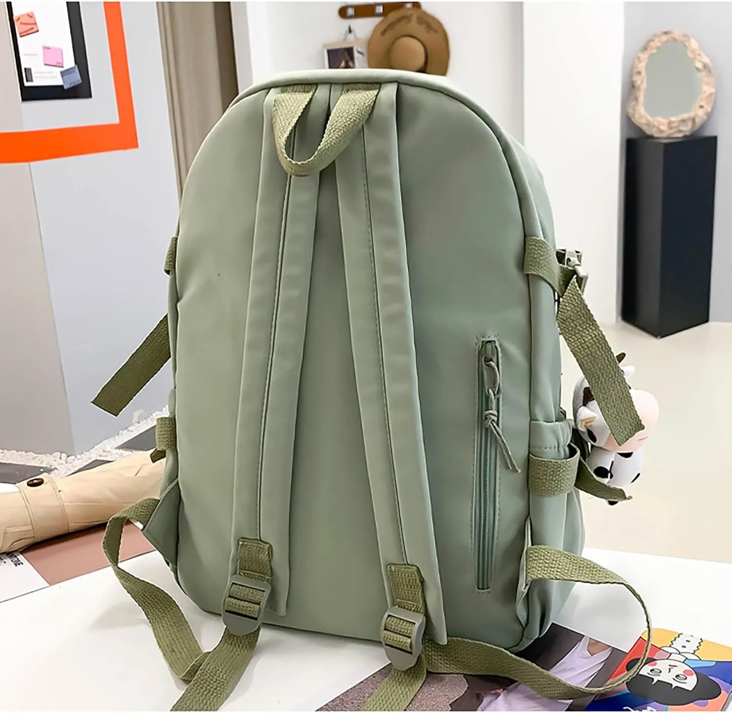 Kawaii Backpack with Cute Bear Plush Kawaii Pin Accessories Large Capacity Aesthetic School Bags Cute Bookbag for Girls Teen(Simple, Army Green)