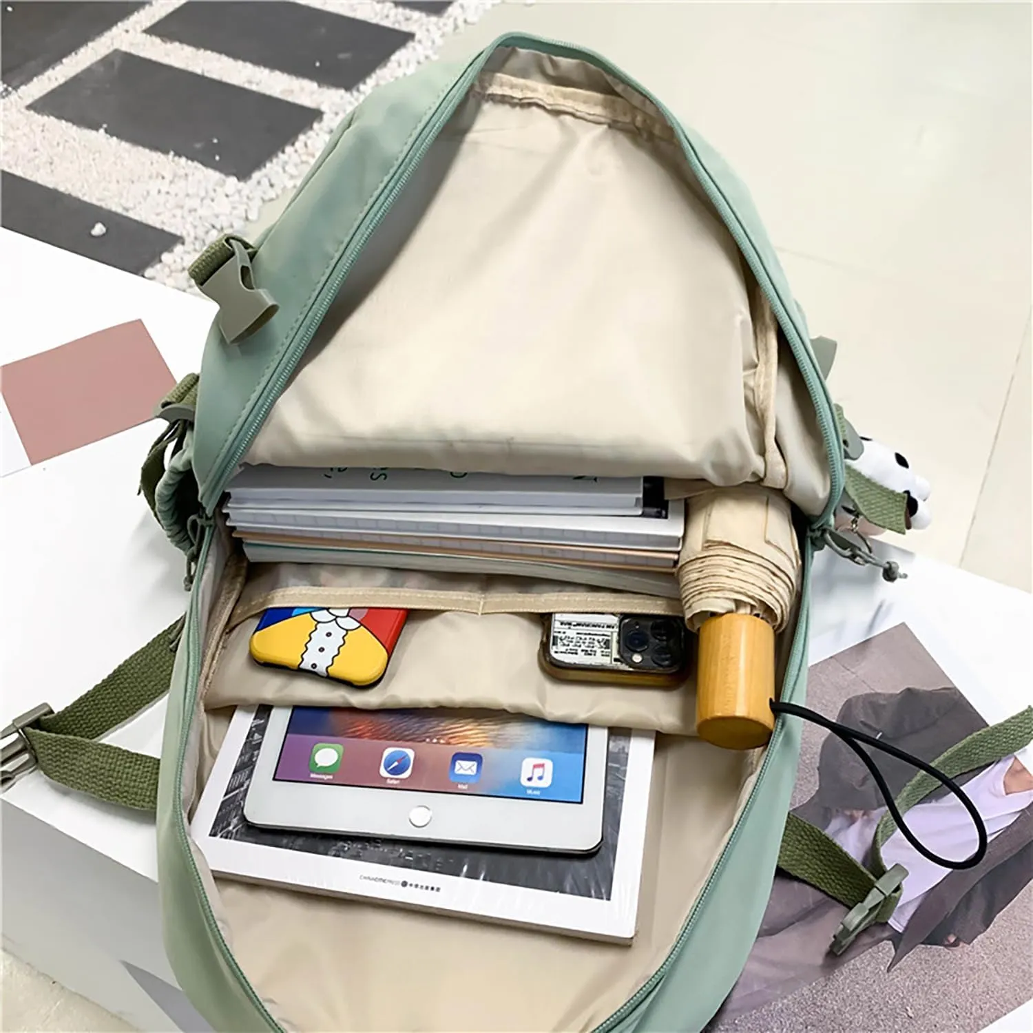 Kawaii Backpack with Cute Bear Plush Kawaii Pin Accessories Large Capacity Aesthetic School Bags Cute Bookbag for Girls Teen(Simple, Army Green)