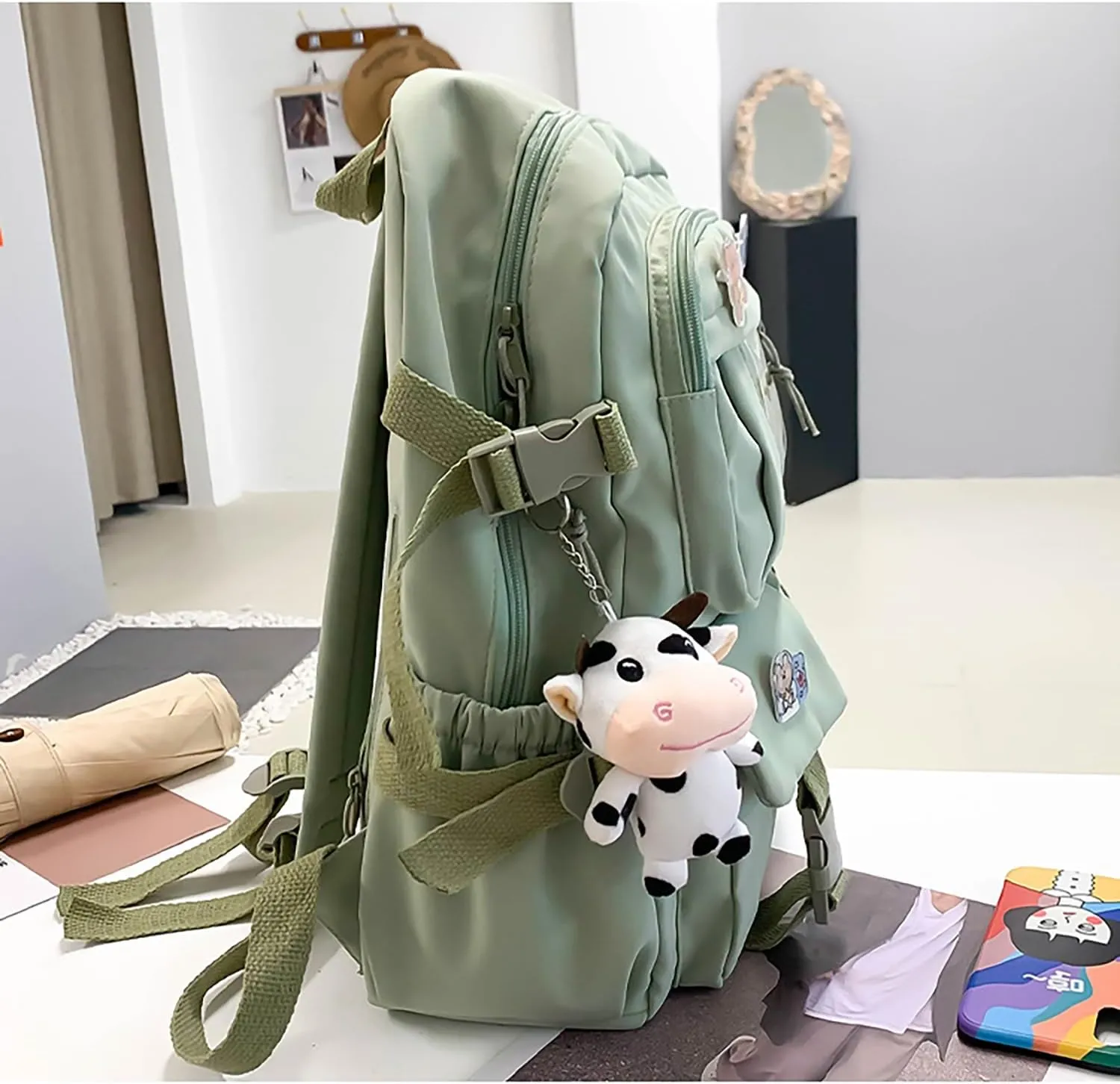 Kawaii Backpack with Cute Bear Plush Kawaii Pin Accessories Large Capacity Aesthetic School Bags Cute Bookbag for Girls Teen(Simple, Army Green)
