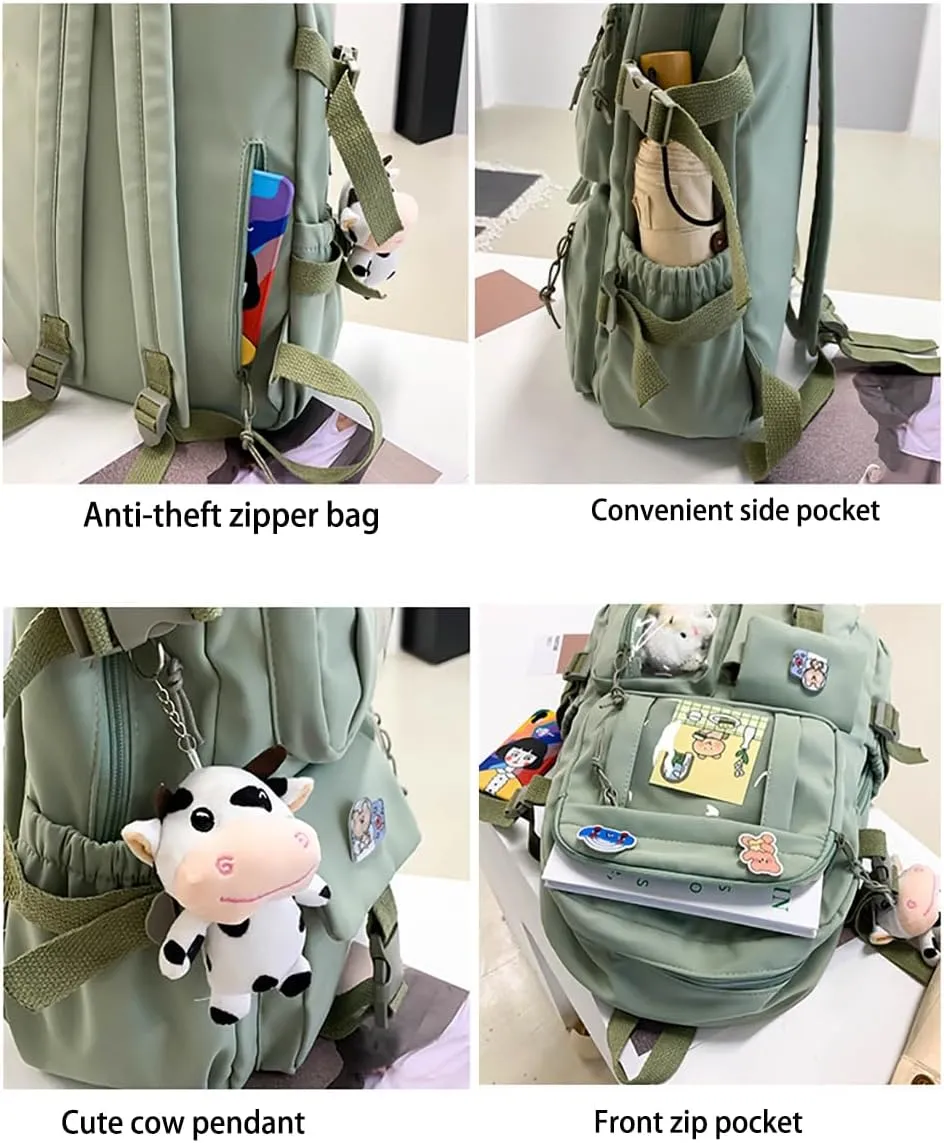 Kawaii Backpack with Cute Bear Plush Kawaii Pin Accessories Large Capacity Aesthetic School Bags Cute Bookbag for Girls Teen(Simple, Army Green)