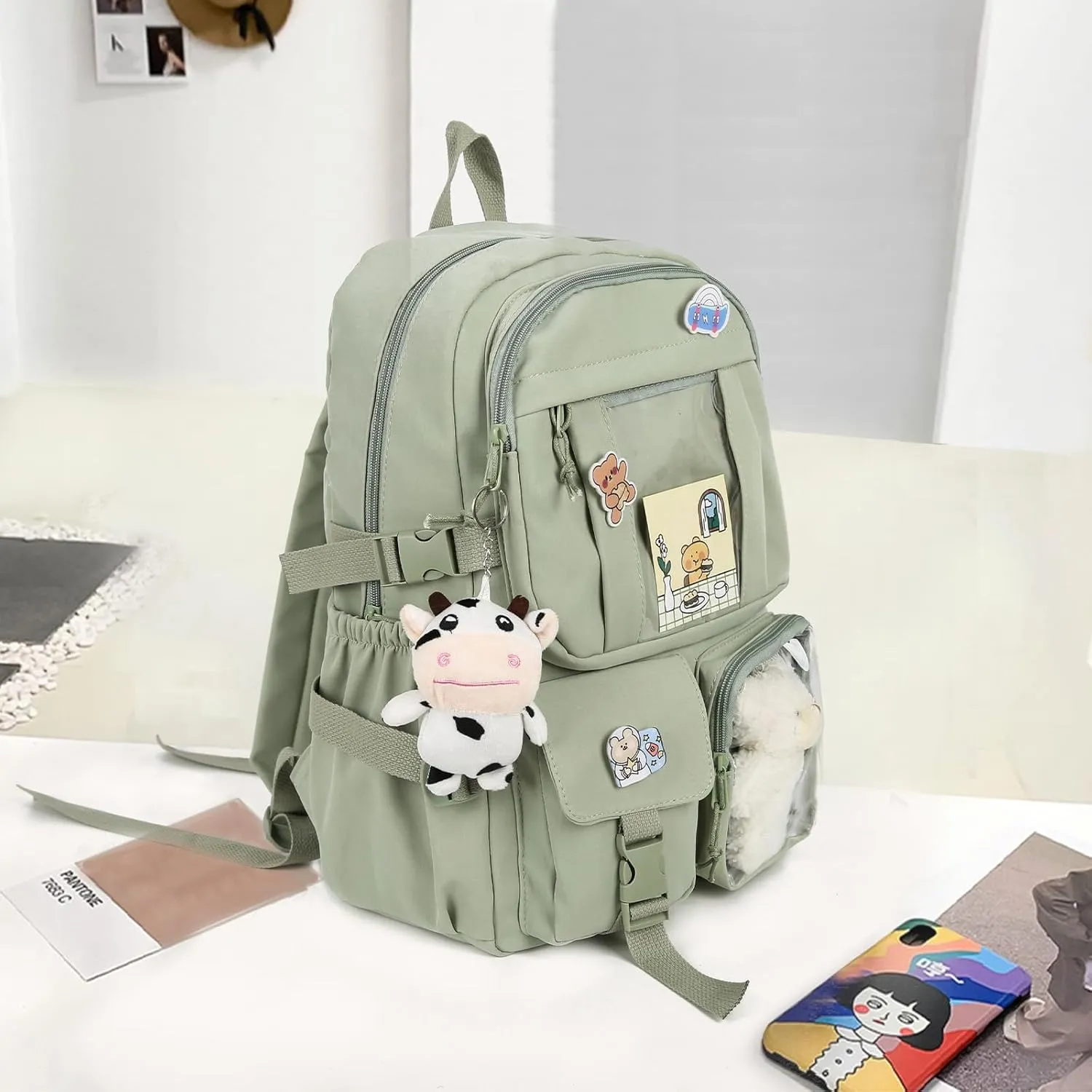 Kawaii Backpack with Cute Bear Plush Kawaii Pin Accessories Large Capacity Aesthetic School Bags Cute Bookbag for Girls Teen(Simple, Army Green)