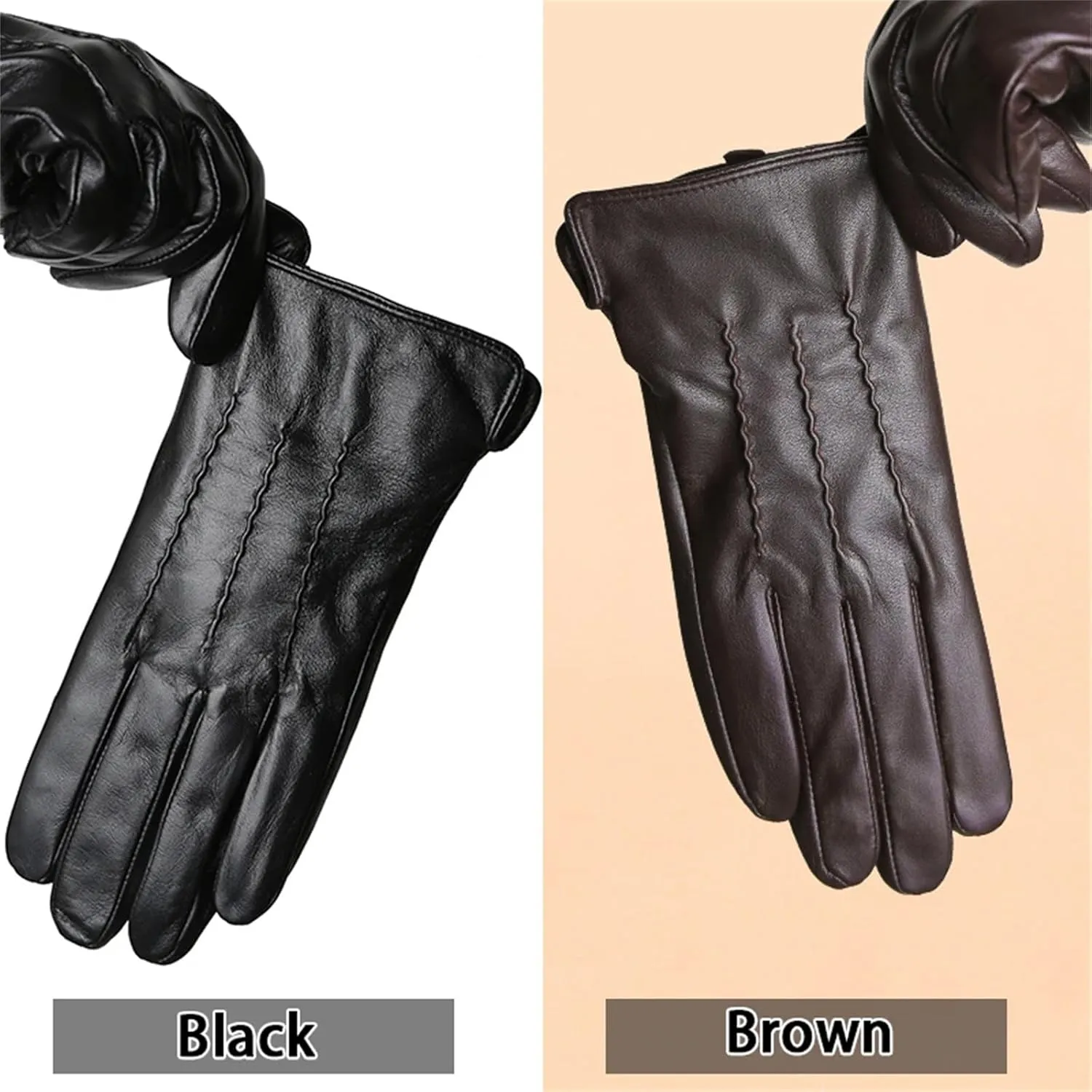 Kelsiop Fashionable Winter Lambskin Gloves Motorcycle Driving Leather Gloves Outdoor Simple Men's Leather Gloves
