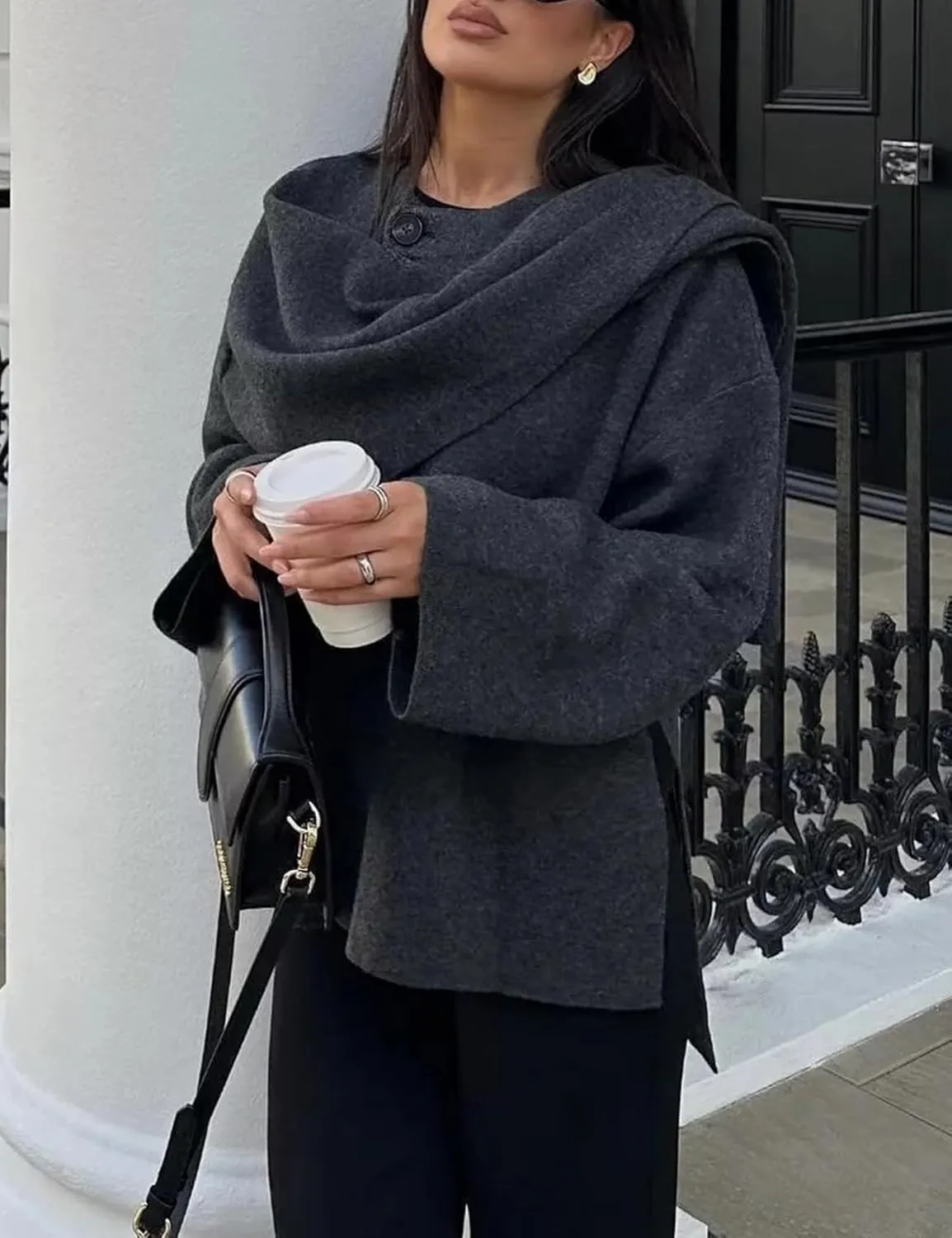 Kissonic Women's Oversized Scarf Jacket Shawl Wraps Knit Long Sleeve Button Winter Peacoat