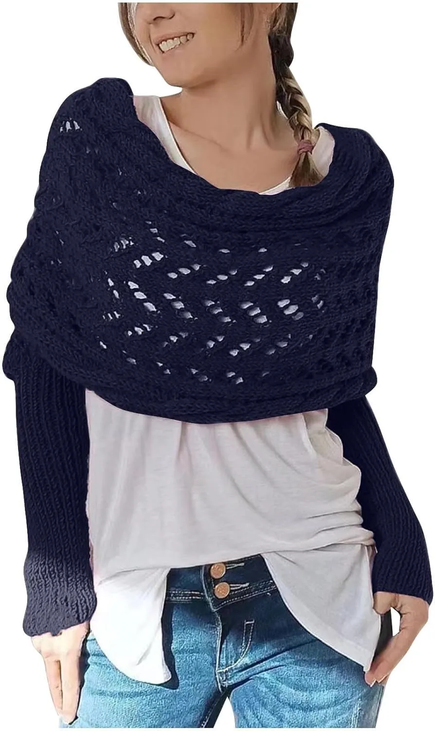 Knitted Scarf with Sleeves for Women Casual Shawls and Wraps Fall Winter Shawl Wraps Boat Neck Pullover Sweaters