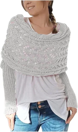 Knitted Scarf with Sleeves for Women Casual Shawls and Wraps Fall Winter Shawl Wraps Boat Neck Pullover Sweaters