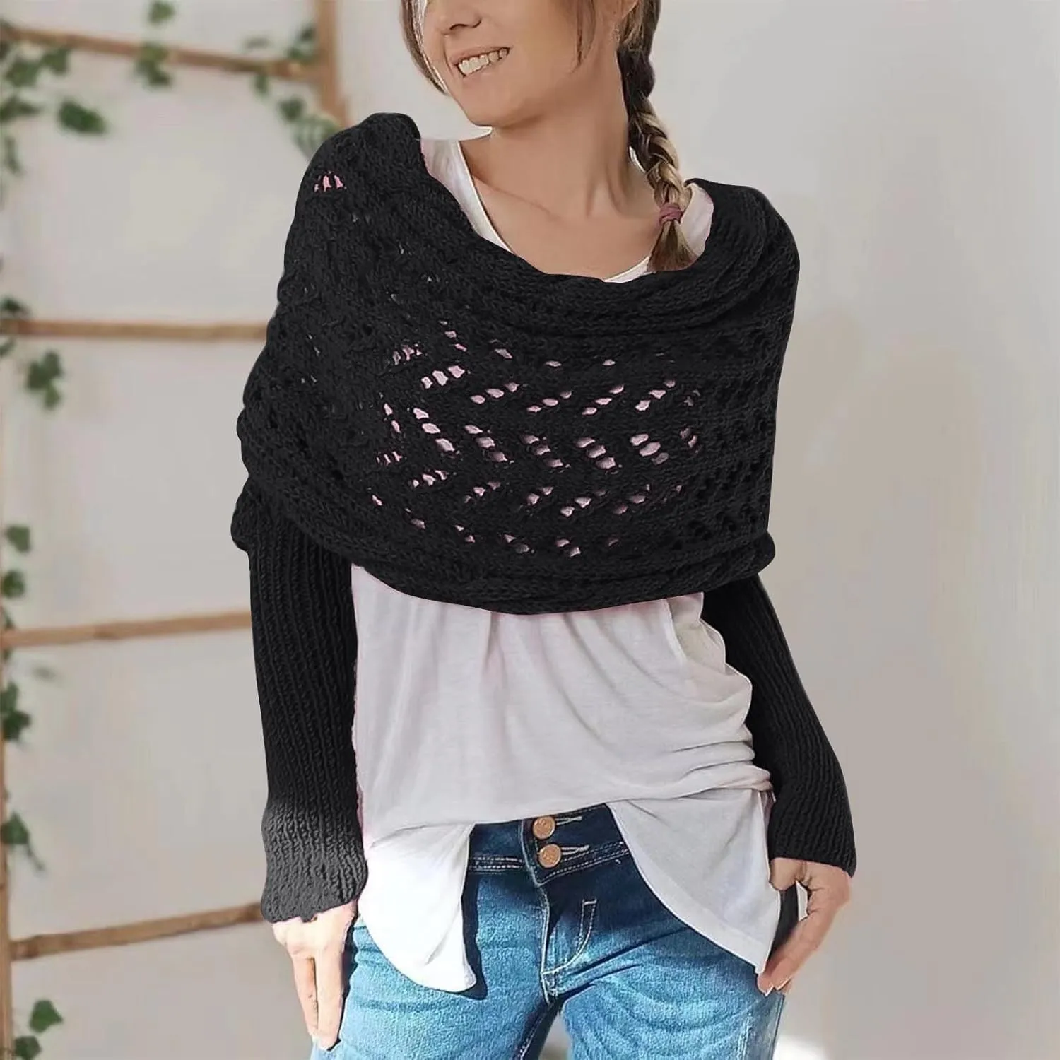 Knitted Scarf with Sleeves for Women Casual Shawls and Wraps Fall Winter Shawl Wraps Boat Neck Pullover Sweaters